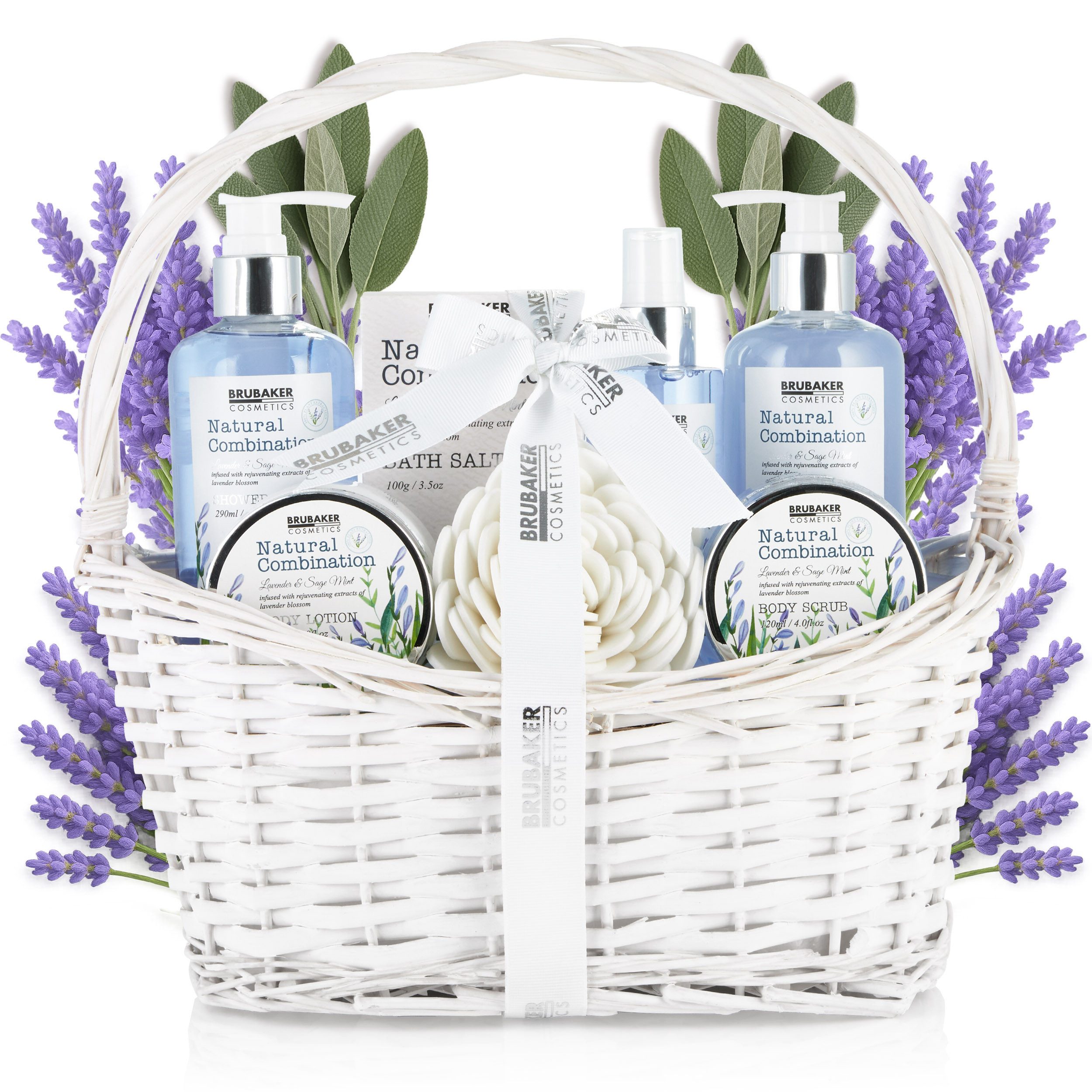BRUBAKER Pflege-Geschenkset Dusch- und Badeset Set mit Lavendel Salbei Minze Duft Damen Geschenkset im Henkelkorb, 8-tlg., Pflegeset für Frauen