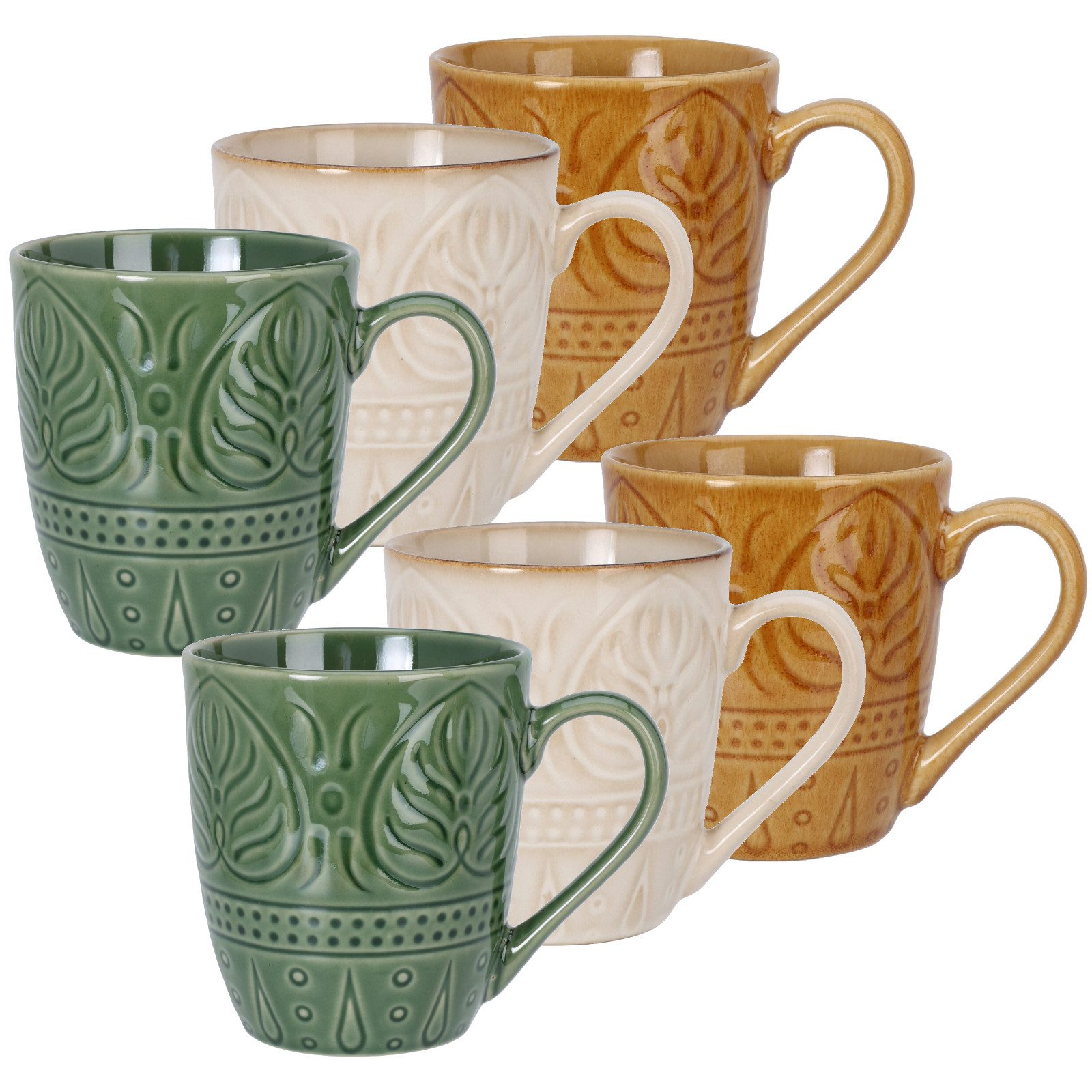 Koopman Tasse Kaffeetasse Teetasse Becher Motiv 390ml Keramik 6er Set, 6-tlg., Keramik, je Farbe 2 Stk, Braun, 390ml je Tasse, Grün, Beige