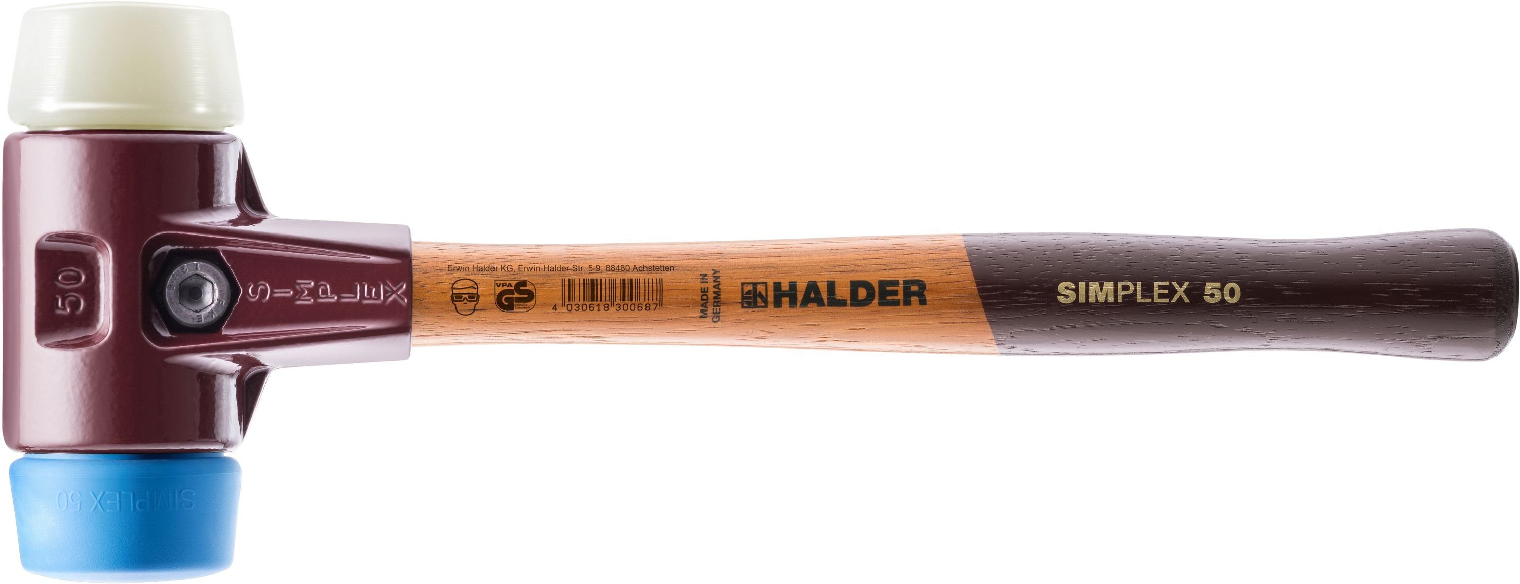 Halder KG Hammer SIMPLEX-Schonhämmer, mit Stahlgussgehäuse und Holzstiel Ø=50 mm
