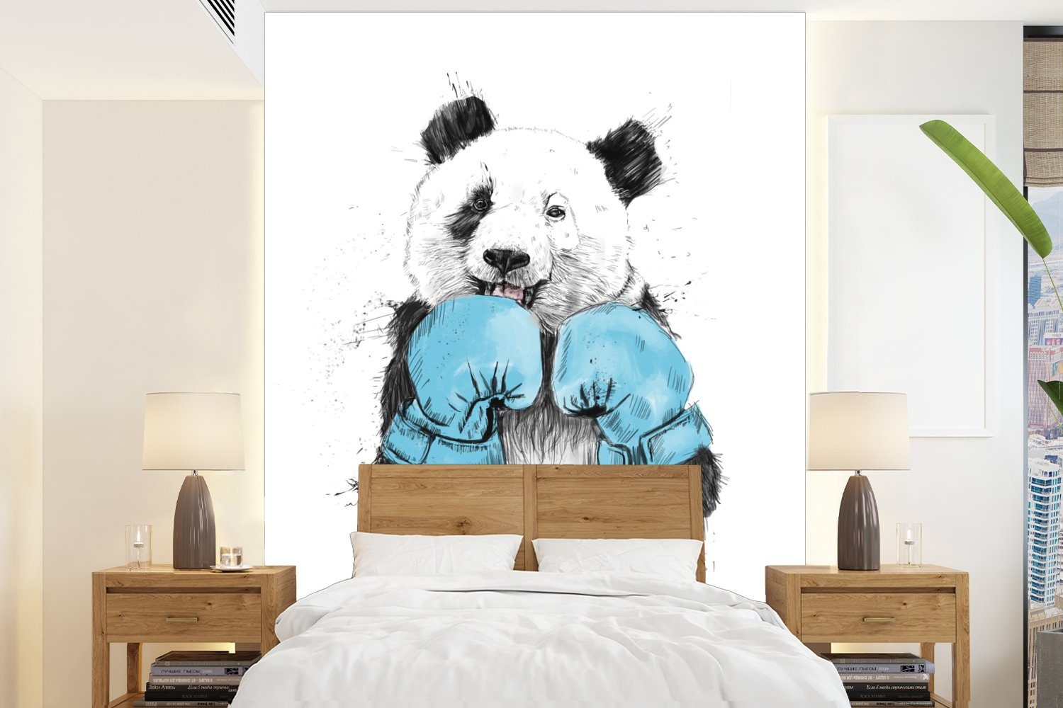 MuchoWow Tapete (4 bedruckt, Vinyl Montagefertig Blau, Matt, Wohnzimmer, - St), - Wandtapete Fototapete Panda Boxhandschuh für