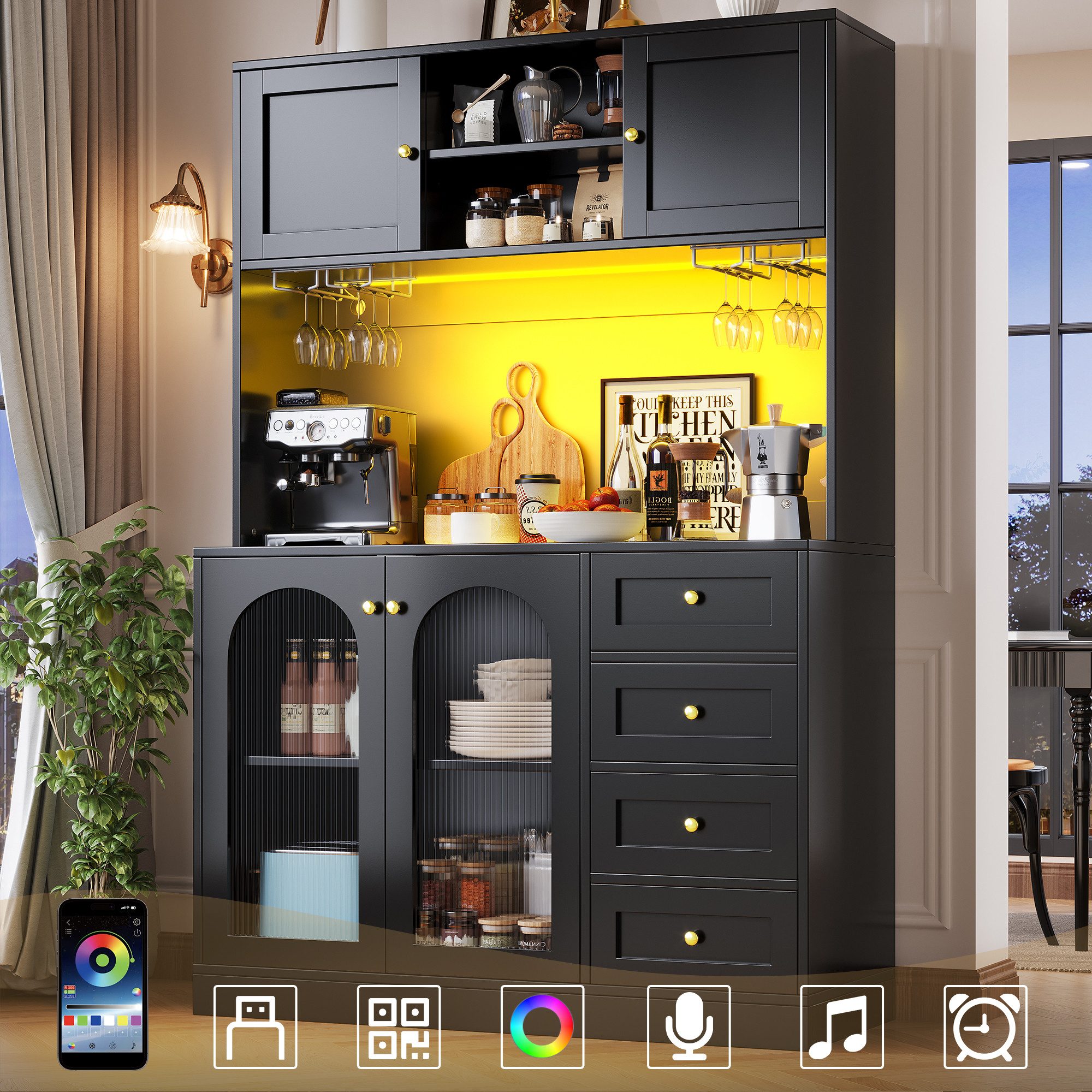 Flieks Küchenbuffet mit LED-Beleuchtung, 3 Schubladen, 2 Glastüren und Gläserhalter (1-St., B120/T40/H188 cm) Hochschrank Küchenschrank Geschirrschrank Mehrzweckschrank Schwarz