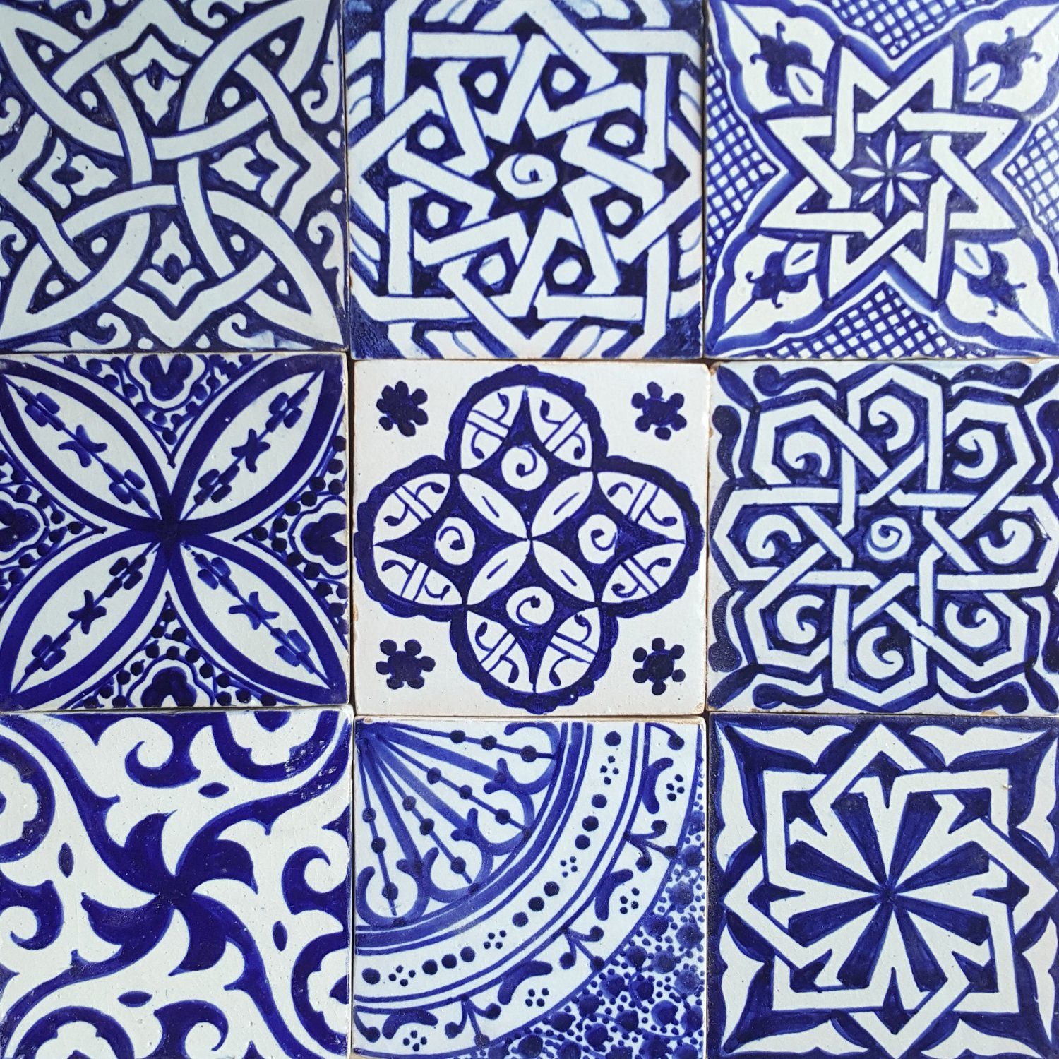 Casa Moro Wandfliese Orientalische Fliesen Mix 10x10 cm blau weiß 9er Packung, Blau und Weiß, Kunsthandwerk aus Marokko, Wandfliesen für schöne Küche Dusche Badezimmer, HBF8400, handbemalte marokkanische Fliesen Patchwork | Fliesen