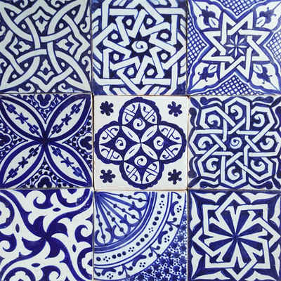 Casa Moro Wandfliese Orientalische Fliesen Mix 10x10 cm blau weiß 9er Packung, Blau und Weiß, Kunsthandwerk aus Marokko, Wandfliesen für schöne Küche Dusche Badezimmer, HBF8400, handbemalte marokkanische Fliesen Patchwork