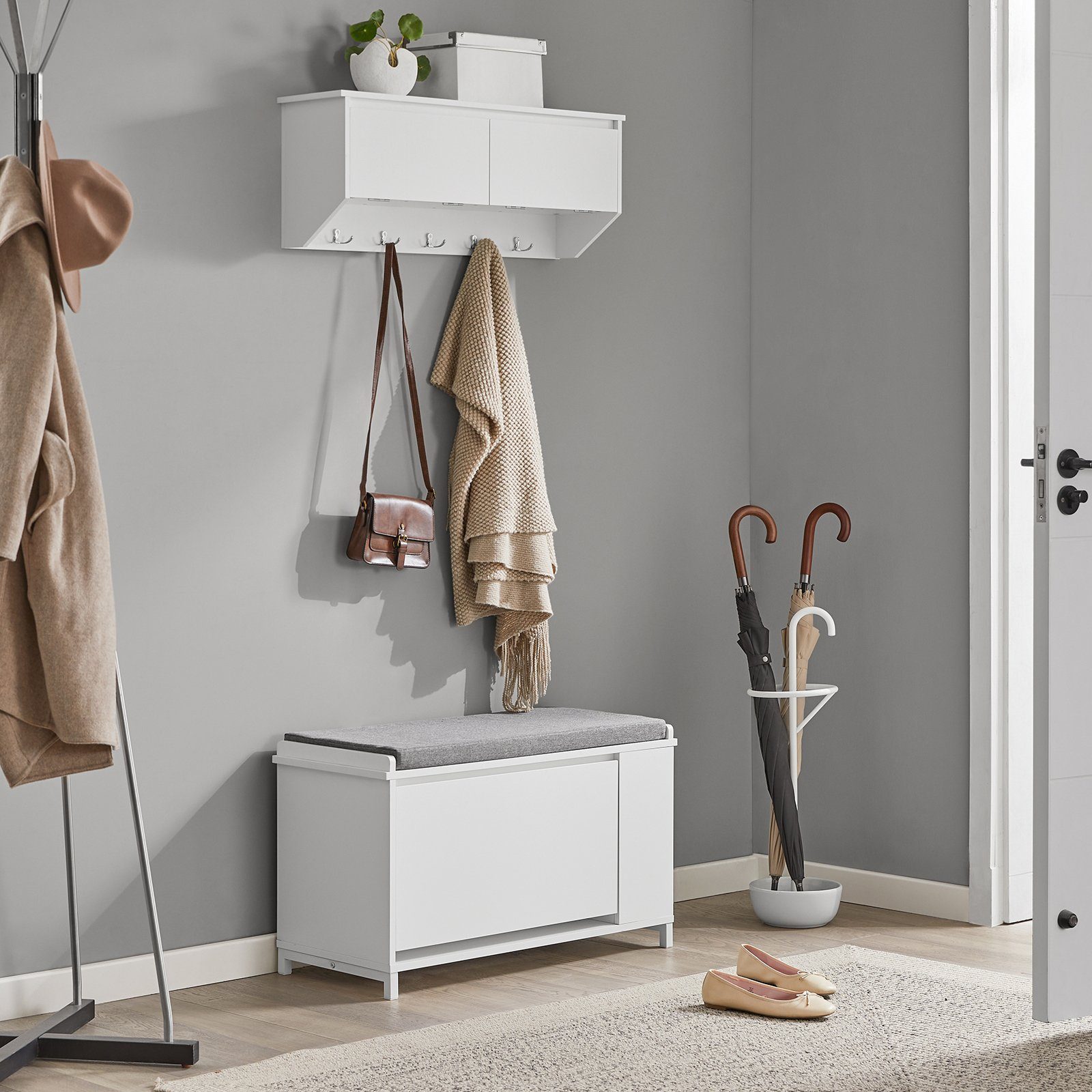 SoBuy Wandgarderobe FHK24, Flurgarderobe Kleiderhaken Hängeregal mit 2 Klappen und 5 Haken – Bild 4 von 5