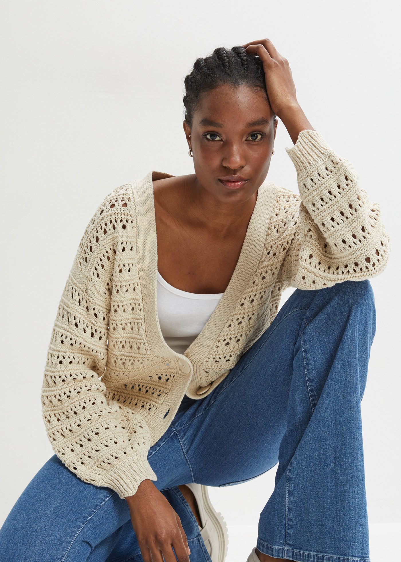 bonprix Ajourstrickjacke Oversize-Passform, mit Lochstrickmuster, im Casual günstig online kaufen