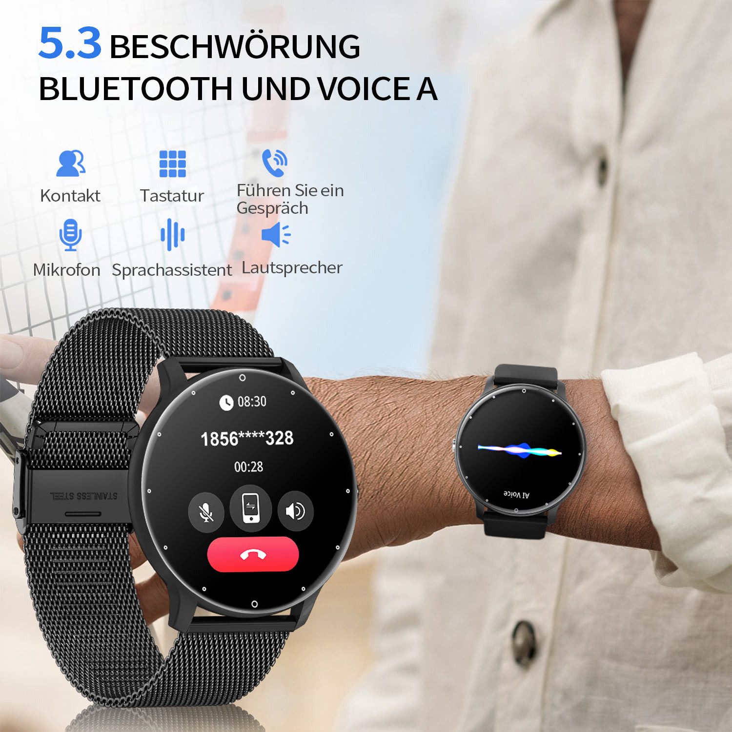 Refttenw Armbanduhr,Fitness Tracker Uhr für Damen Herren mit Anruffunktion Smartwatch set, 2 Arten von Riemen, IP67 wasserdicht