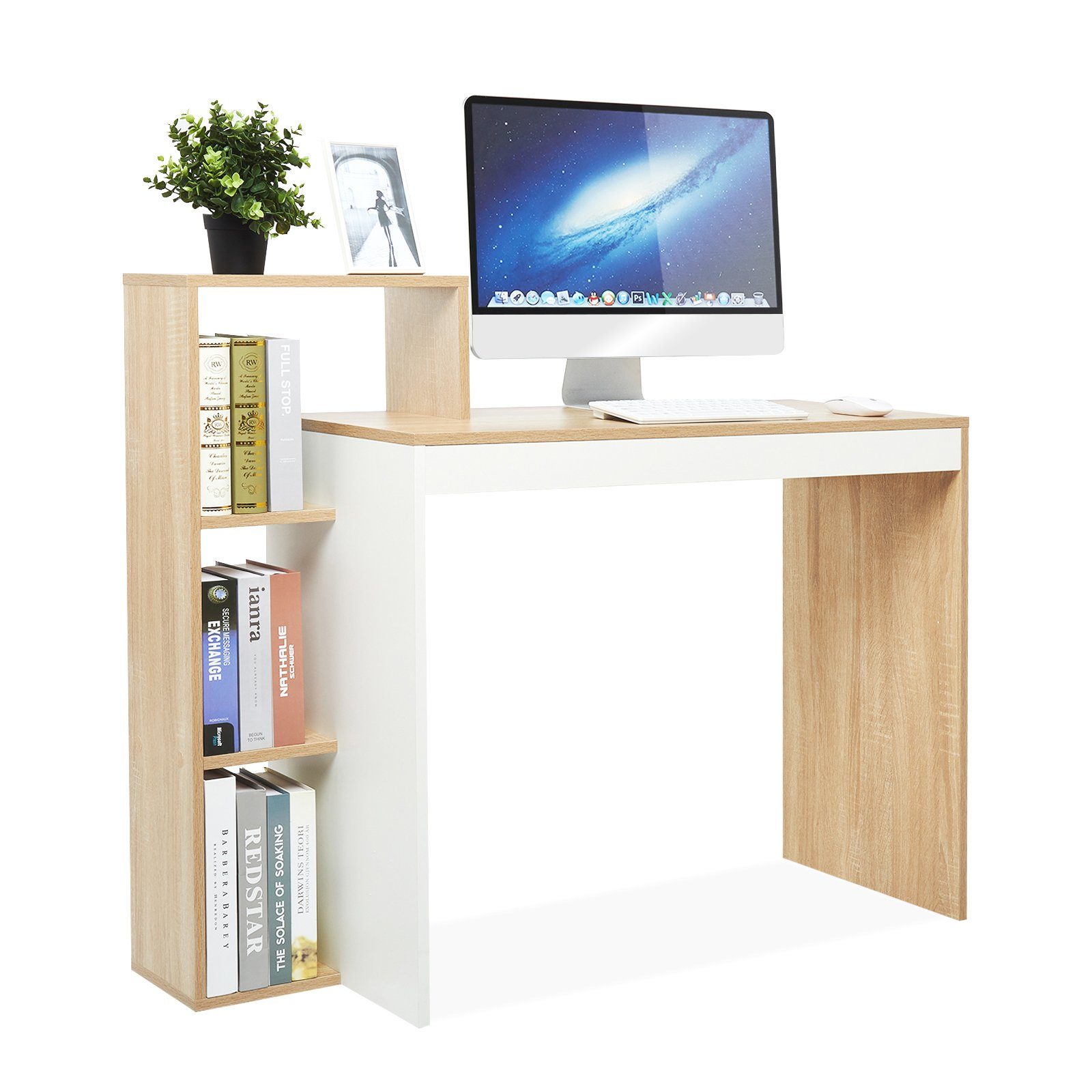 Mondeer Schreibtisch Computertisch, mit Ablagefach, Weiß+Natur