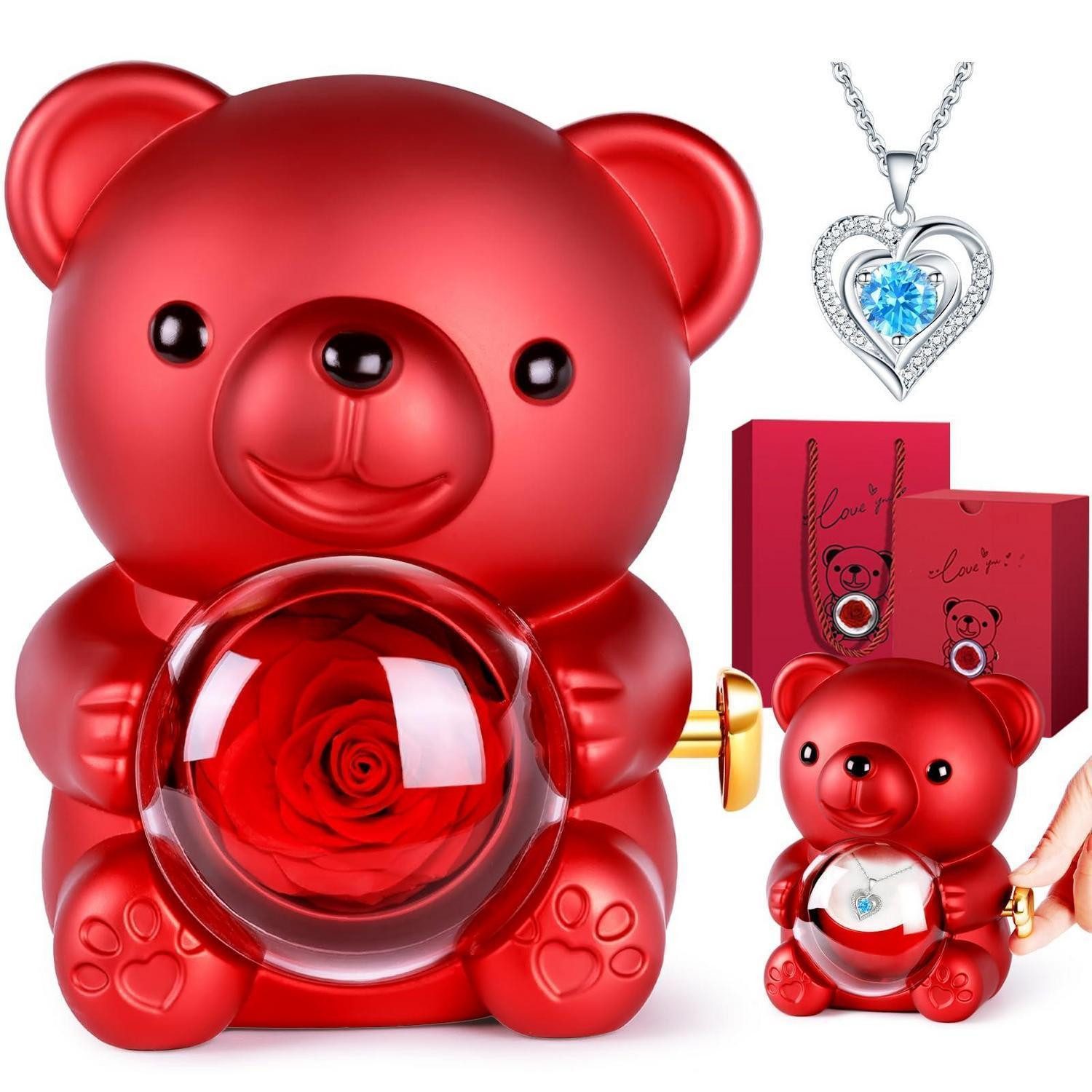 LuxusKollektion Kette und Anhänger Set Rosenbär mit Kette Blaue Herz-Halskette