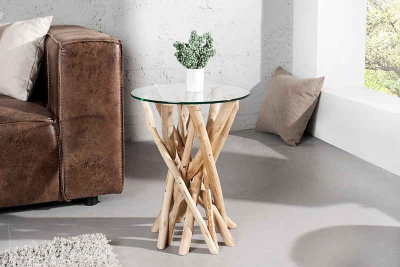 riess-ambiente Beistelltisch DRIFTWOOD 35cm natur / transparent, Massivholz · mit Glasplatte · rund · Handarbeit · Teakholz