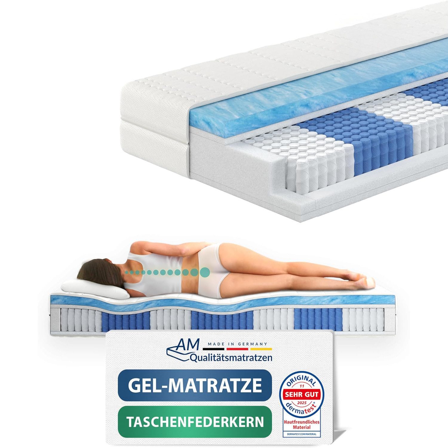 Taschenfederkernmatratze 1000 Federn, 7-Zonen Federkernmatratze, Memory Foam Gelschaum-Matratze, AM Qualitätsmatratzen, 24 cm hoch, 90x200 cm