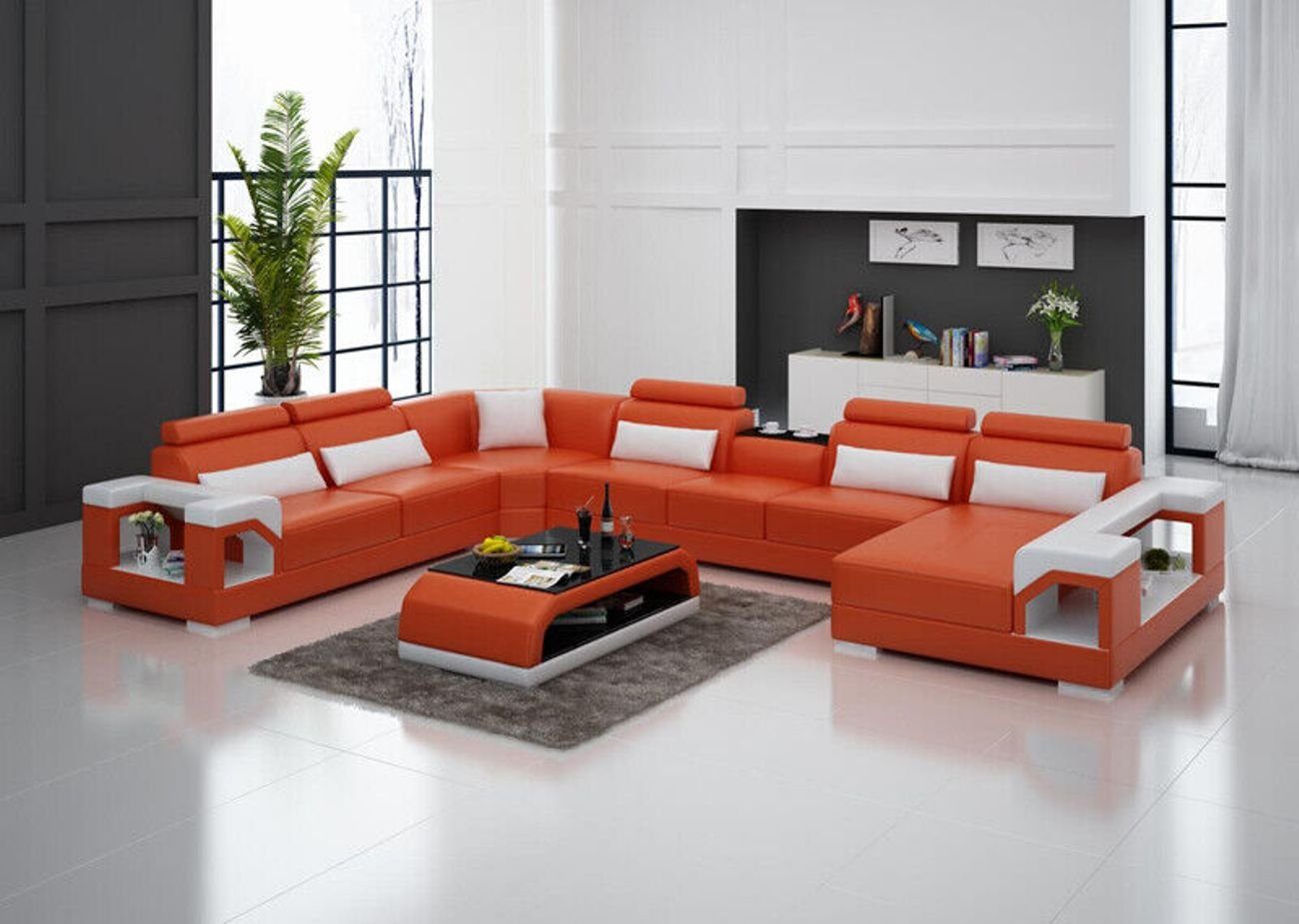 Couch Ecksofa Leder 2 Sofa Couchen JVmoebel Eck Wohnlandschaft+Tisch+USB, Moderne Orange/Weiß Sitz Teile
