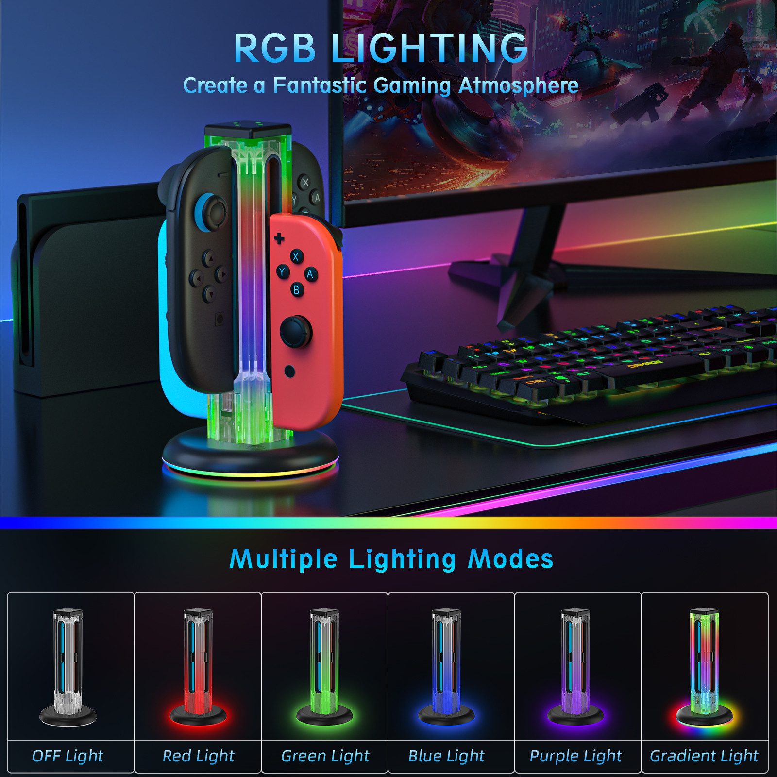 Forrlite Ladestation für Nintendo Switch 2 Joycon, 4-in-1 Joy-Con Controller Zubehör Nintendo (Magnetische Plug-in Joy-Con Ladegerät mit Ladekabel, RGB-Licht und individueller LED-Anzeige, Ladestation Zubehör Kompatibel mit JoyCons für Switch 2/Switch/OLED)