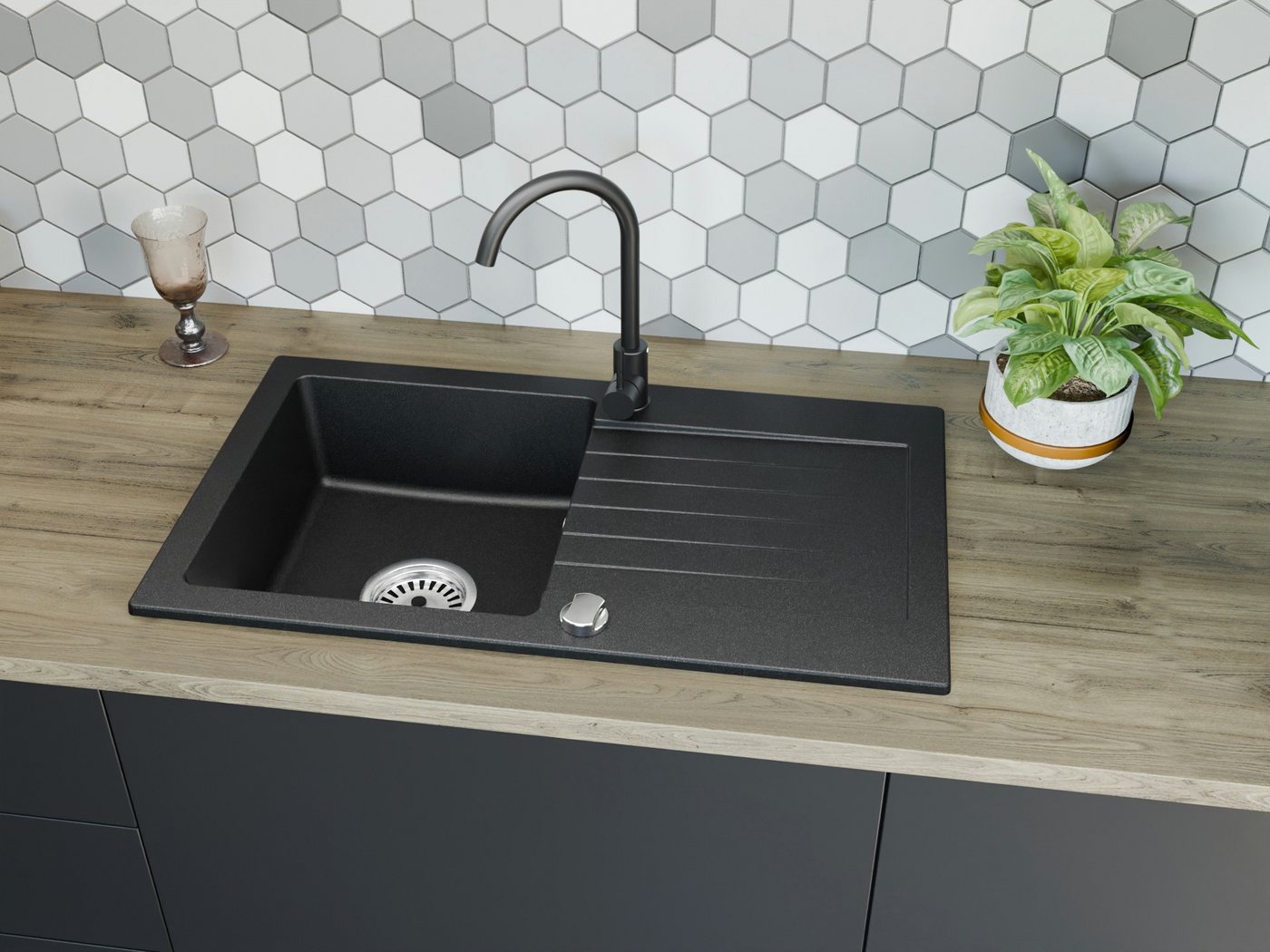 Thumbnail - Faizee Möbel Granitspüle Granitspüle 75 cm Schwarz mit passender Armatur Komplett Set, rechteckig, 75/16 cm, Granitspüle...