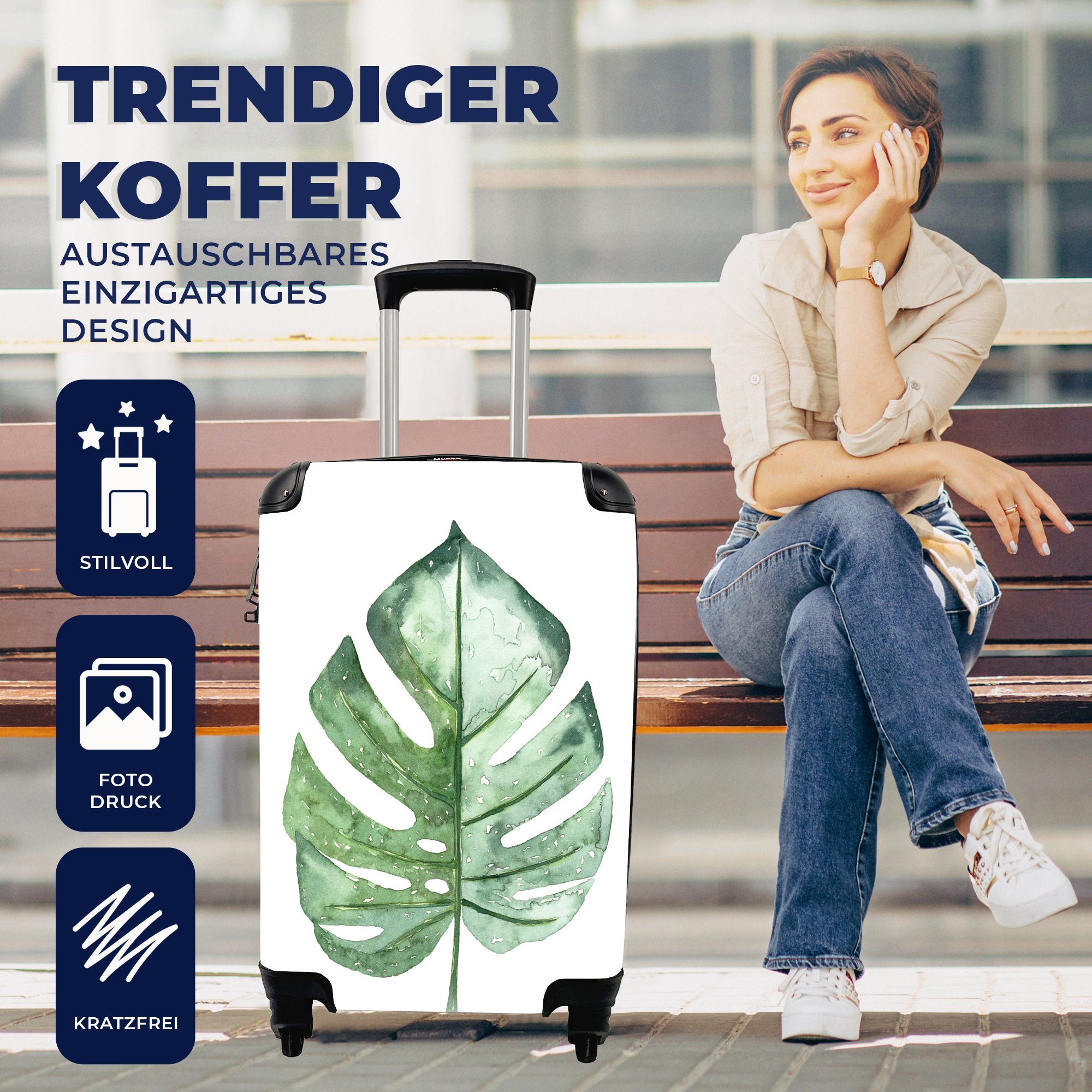 MuchoWow Reisekoffer Reisetasche für Ferien, Handgepäck mit Rollen, rollen, - Trolley, 4 Blatt, Aquarell Handgepäckkoffer Monstera -