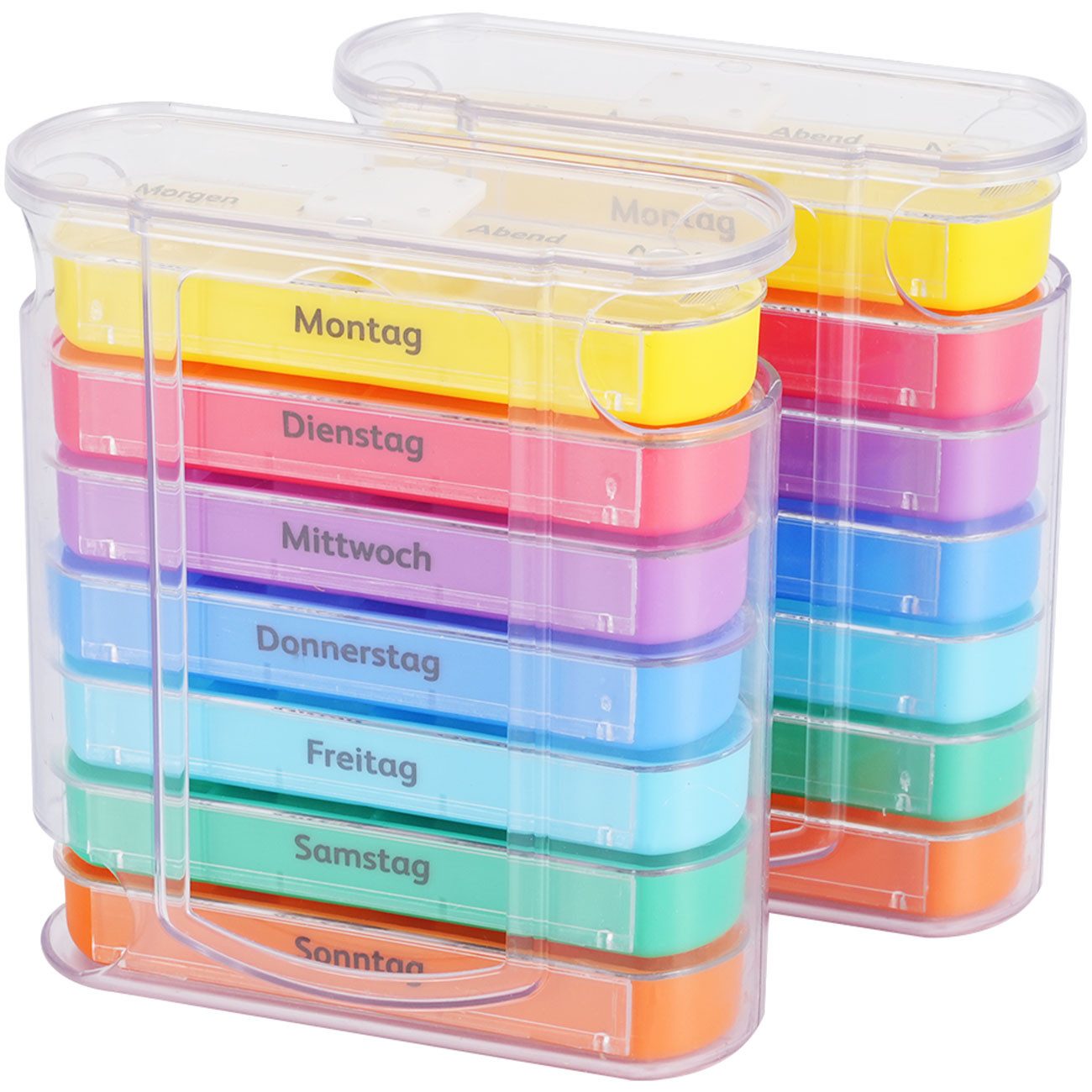 shop'n smile ideoon Pillendose Medikamentenbox 7 Tage: Bunt, 4 Fächer täglich, Pillendosierer für einfache, sichere Einnahme & Übersicht