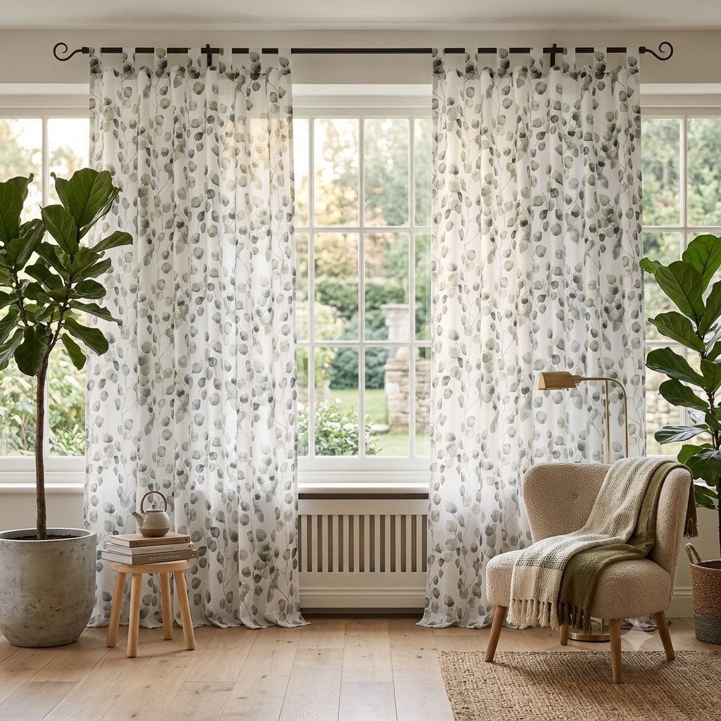 Home-trends24.de Vorhangstange Vorhang Blätter Gardine Deko Vorhänger Weiß Transparent Grün 140 x 240, Polyester