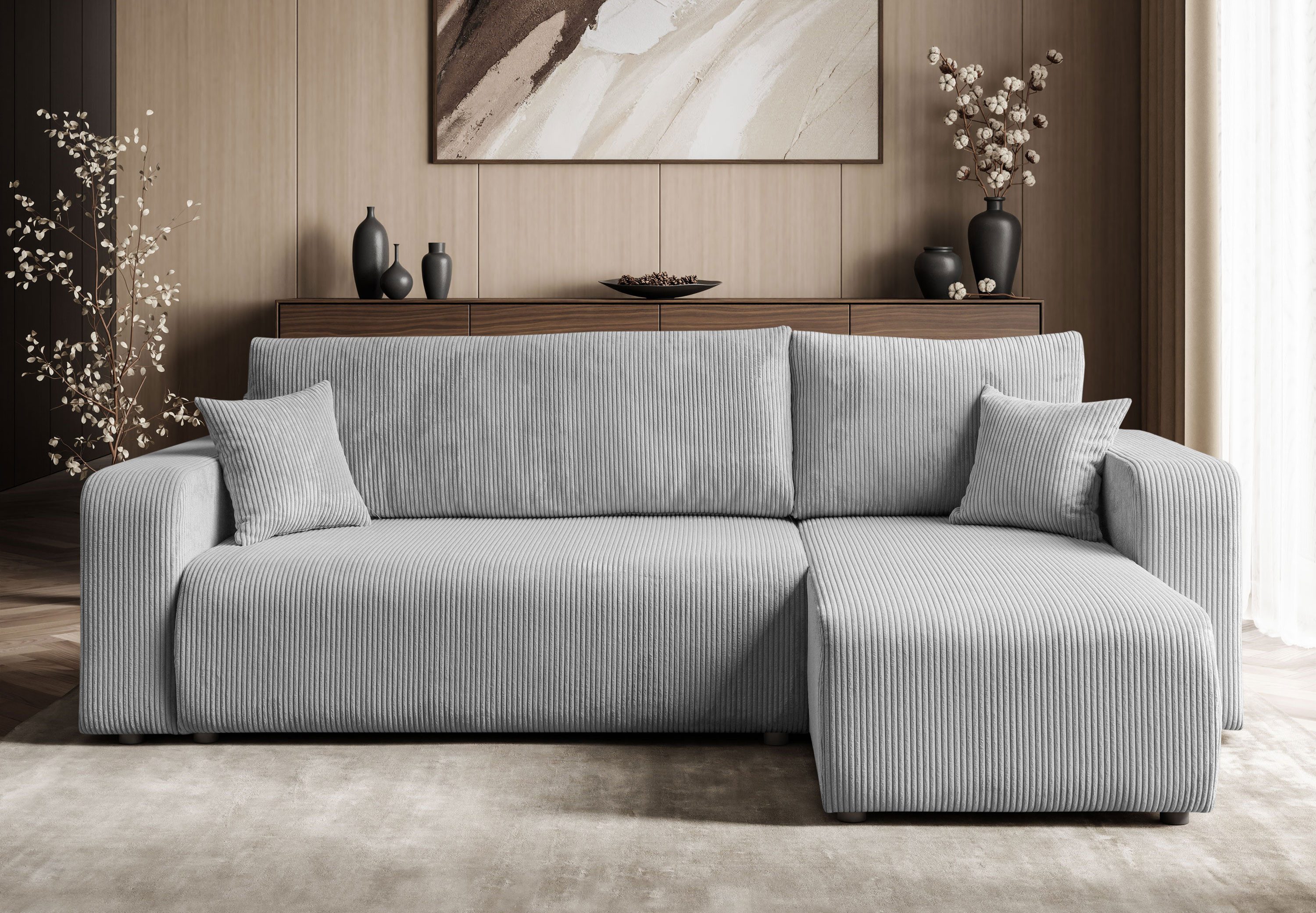 Lookway Ecksofa PRESTIGE L-Form Couch, Cord-Stoff, mit Bettfunktion und Bettkasten, Seite universal, 247/277x143x83 cm