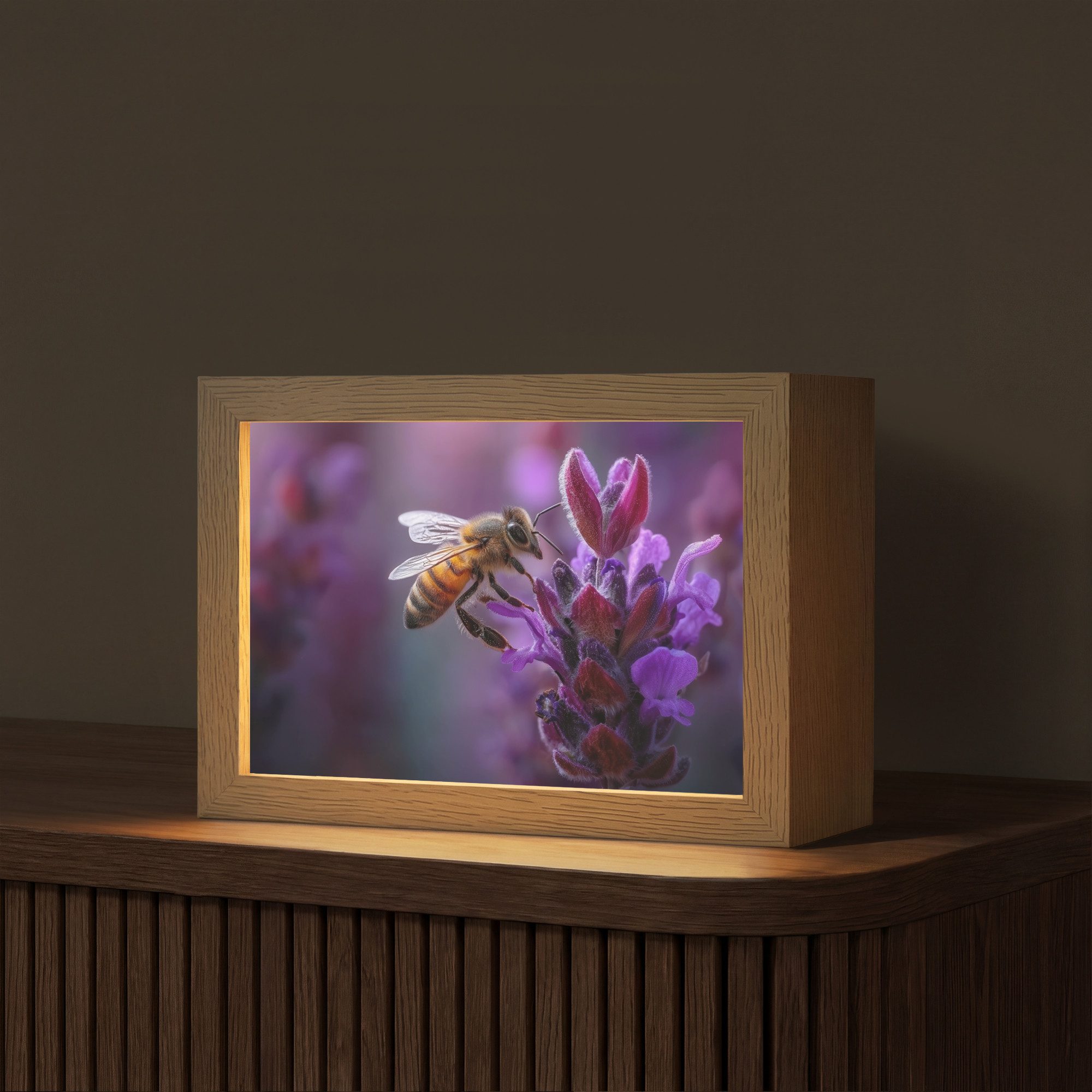 OnlyWow Tischleuchte Lightbox Honigbiene - Lila Blumen - Details, Dimmbar, Farbwechsel, LED, Warmweiß, Kaltweiß, Neutralweiß Einstellbar, Tischlampe, Schreibtischlampe, Desk, Dimmbar, mit Kabel, LED