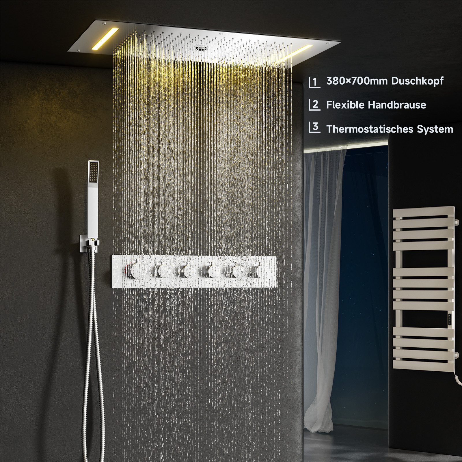 Oihpaw Duschsystem mit thermostat Multifunktionales Regendusche, 1 tlg., mit Regenmodus, Hydrotherapie Strahl, Handbrause, 380x700mm