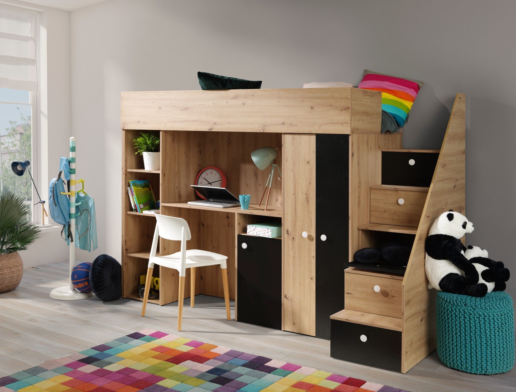 ABIKS MÖBEL Hochbett SMART 14 Etagenbett für Jugendliche mit Schreibtisch, Kleiderschrank