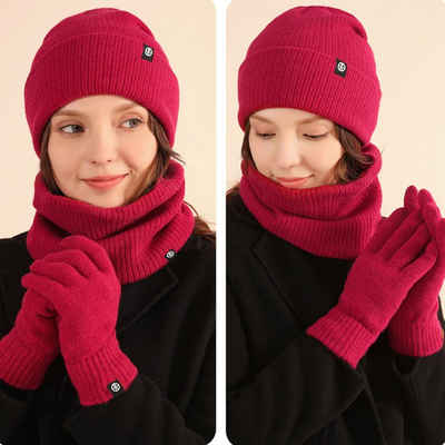 Rutaqian Schlupfmütze Unisex Beanie Strickmütze Winterschal Thermo Handschuhe (3-in-1 Winter-Set) Warme Knit Hut Loop Schal Rutschfeste Handschuhe