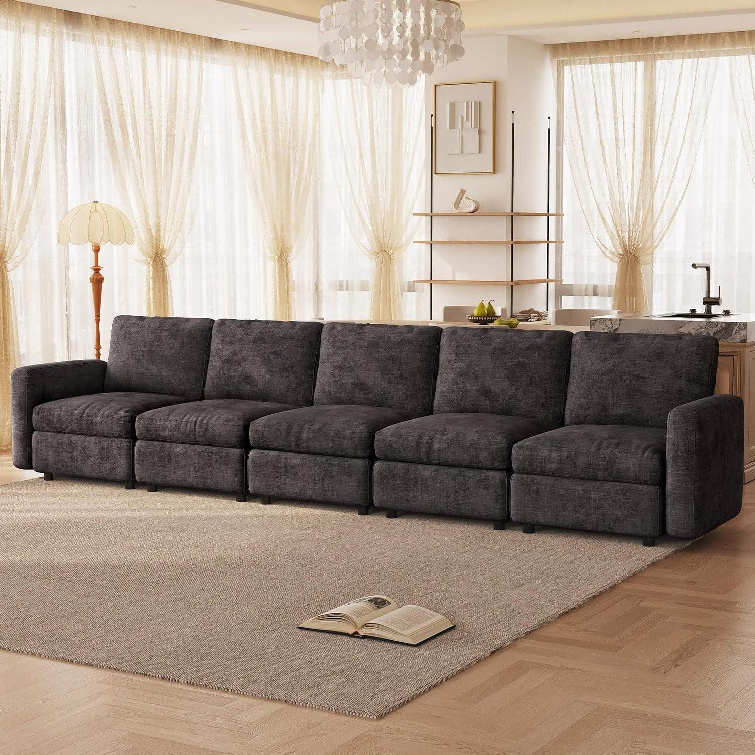 LuxusKollektion Big-Sofa Sofa Veloursstoff Wohnzimmer Rahmen Grau Direkte Reihe - 5 Personen