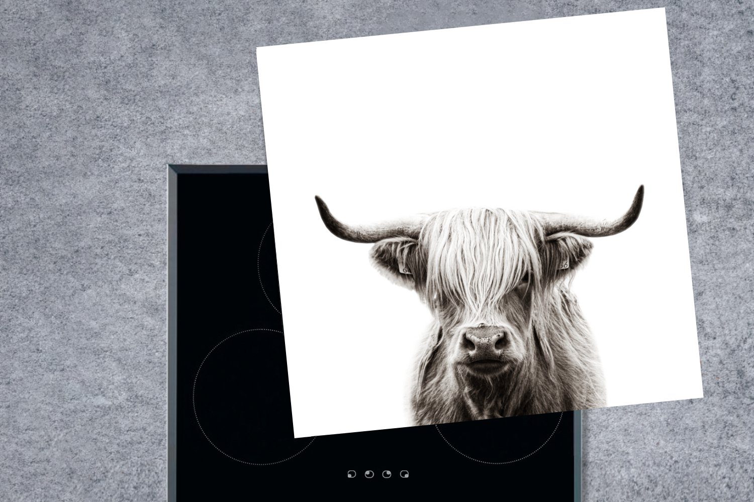 - MuchoWow cm, Schwarz küche Vinyl, weiß, Highlander - (1 Schottischer Herdblende-/Abdeckplatte 78x78 Kuh für tlg), Ceranfeldabdeckung, Arbeitsplatte Porträt und Schottische