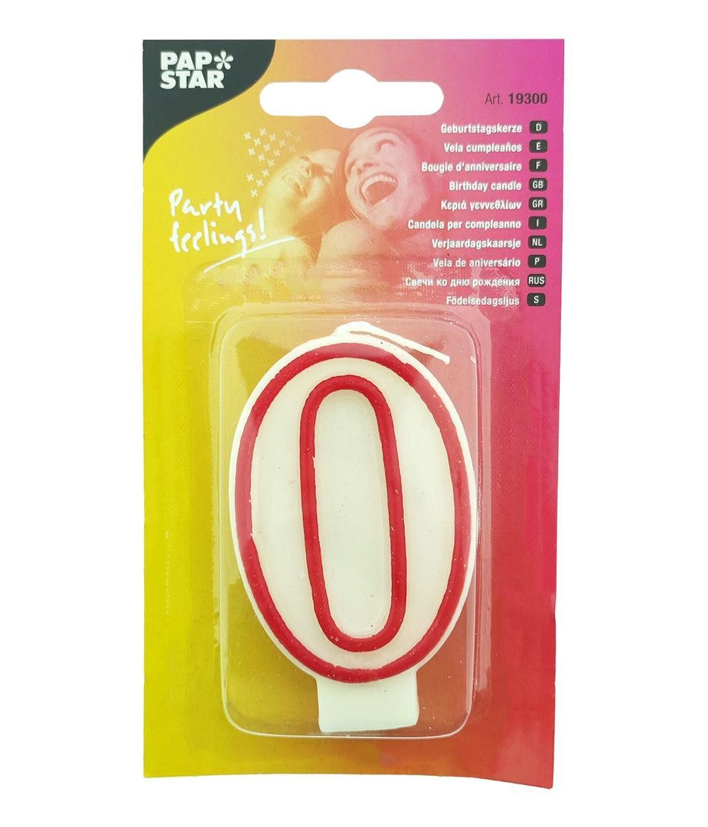 PAPSTAR Geburtstagskerze Zahlenkerze 0 weiß-rot 73mm 1 Stück (Stück, 1-tlg., Zahlenkerze), Geburtstagskerze Geburtstagstorte Tortendekoration Kuchendekoration