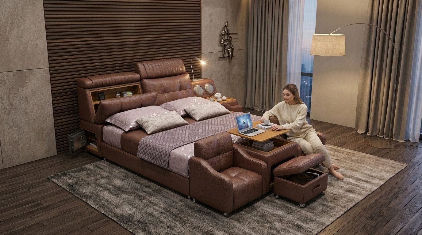 JVmoebel Multimediabett Polsterbett Smartbett mit Massage Lautsprecher und Safe Sofort (Mehrteiliges Set, 1-tlg., Bettgestell inklusive Soundsystem Massagesessel Laptoptisch und Hocker), Made in Europe