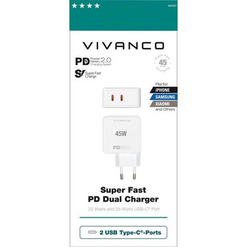 Vivanco Super Fast Power Delivery Charger, Dual Schnellladegerät, 45W USB-Ladegerät (2x USB Type-C Buchse)