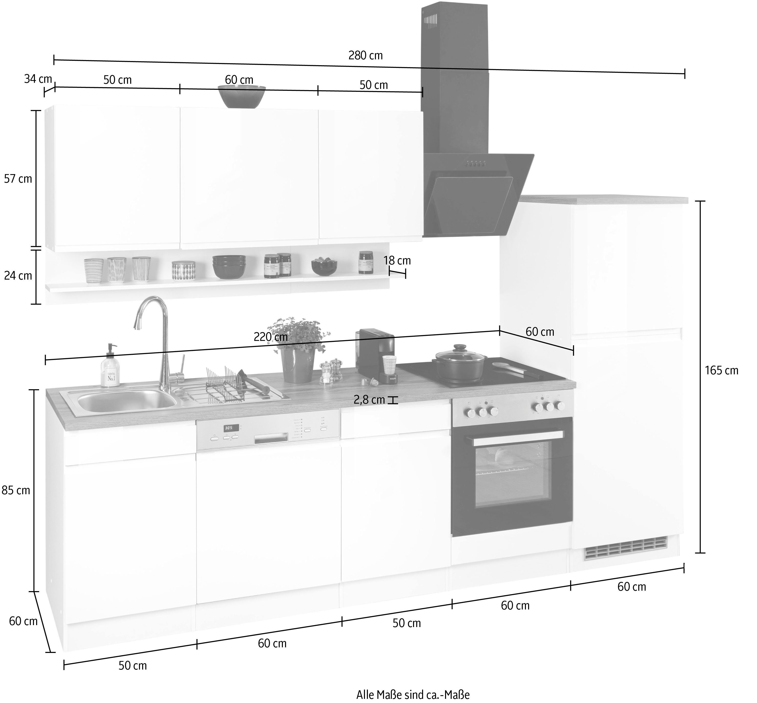 E-Geräten sonoma Hochglanz/eiche Hochglanz creme Breite Eiche MÖBEL creme mit HELD | sonoma | wahlweise Virginia, Küche 280 cm,