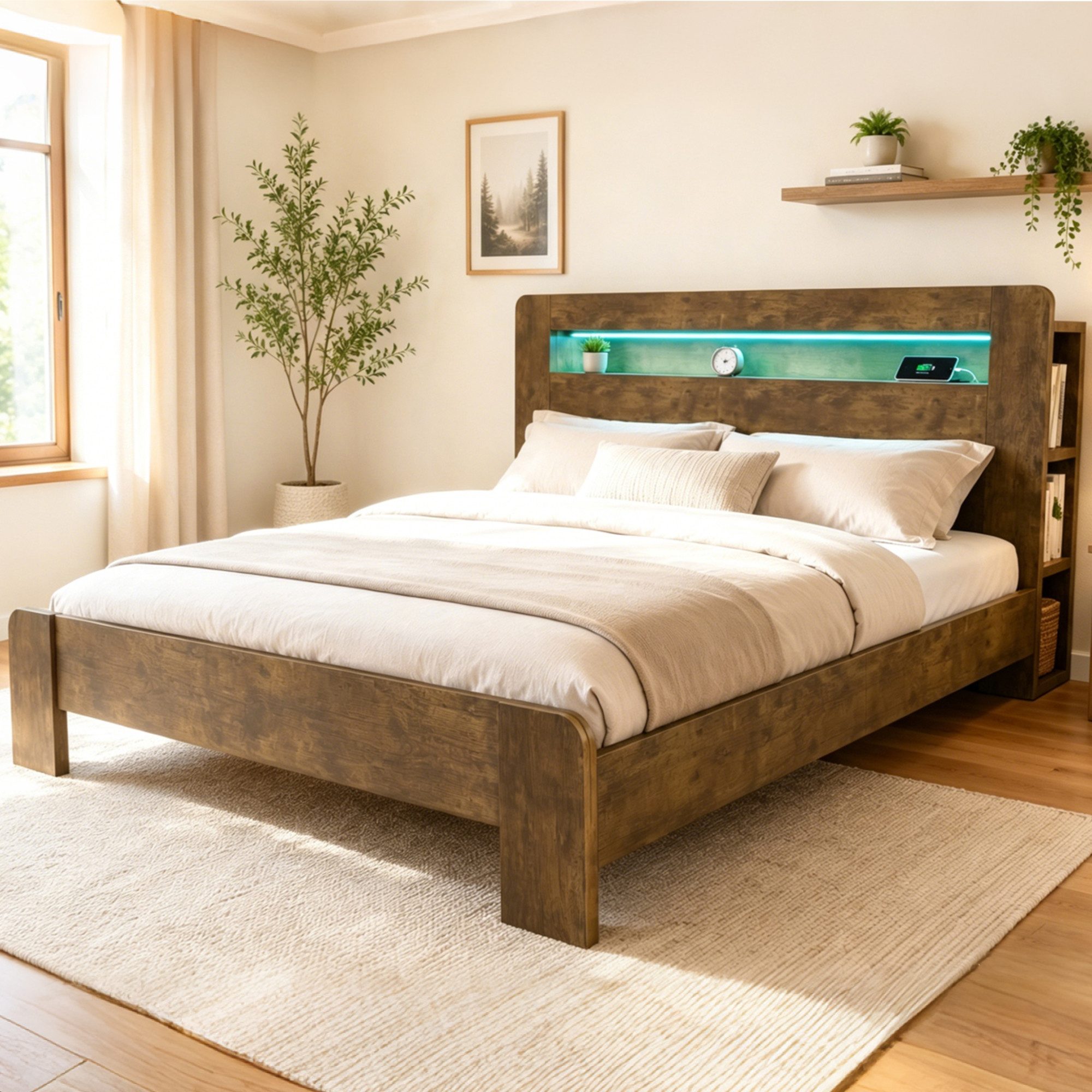 Flieks Massivholzbett, Doppelbett 180x200cm mit Stauraum im Kopfteil, LED-Leiste & Aufladen
