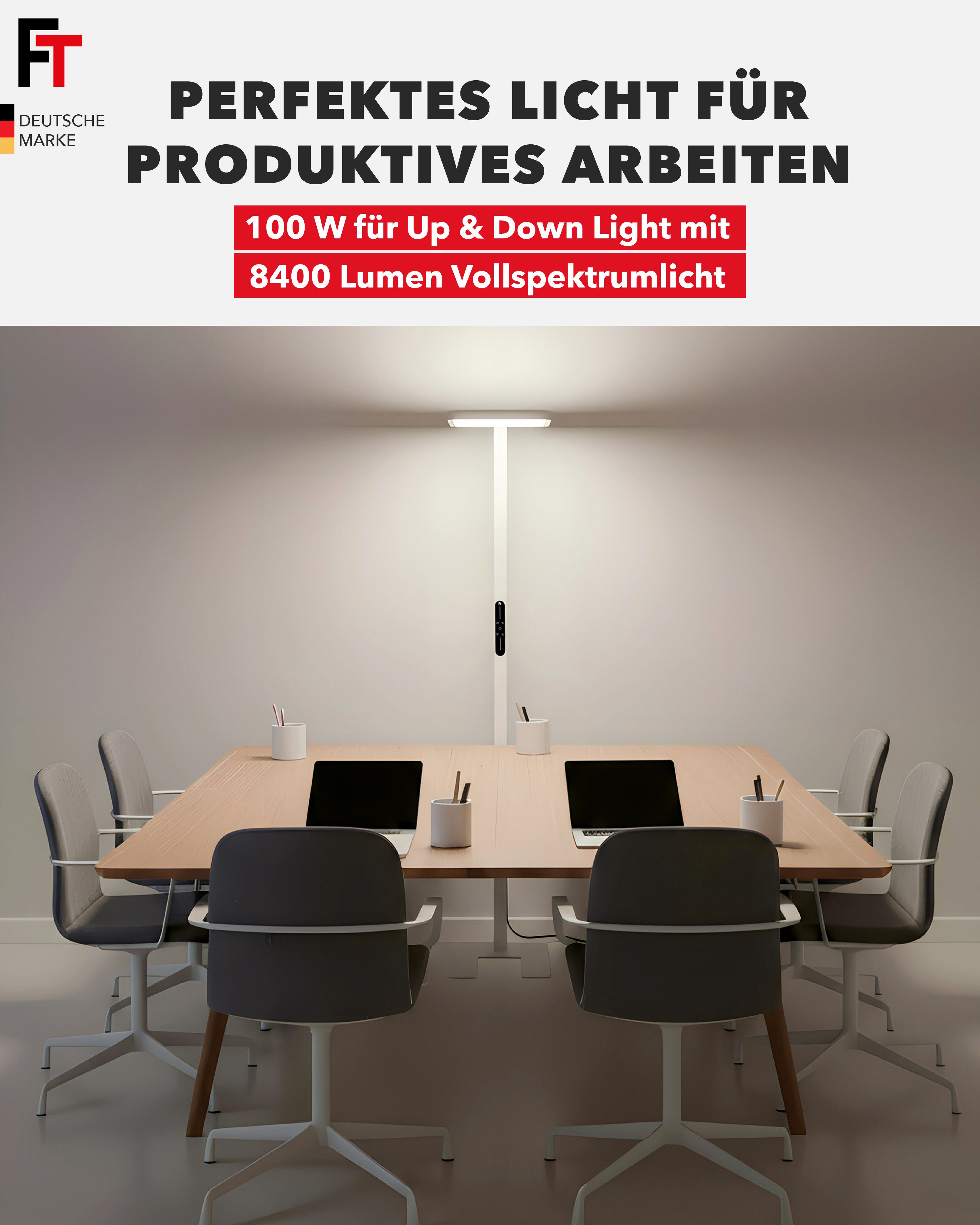 FeinTech LED Stehlampe LT920 Büro Stehleuchte 100W mit Uplight & Downlight, LED fest integriert, Neutralweiß, dimmbar