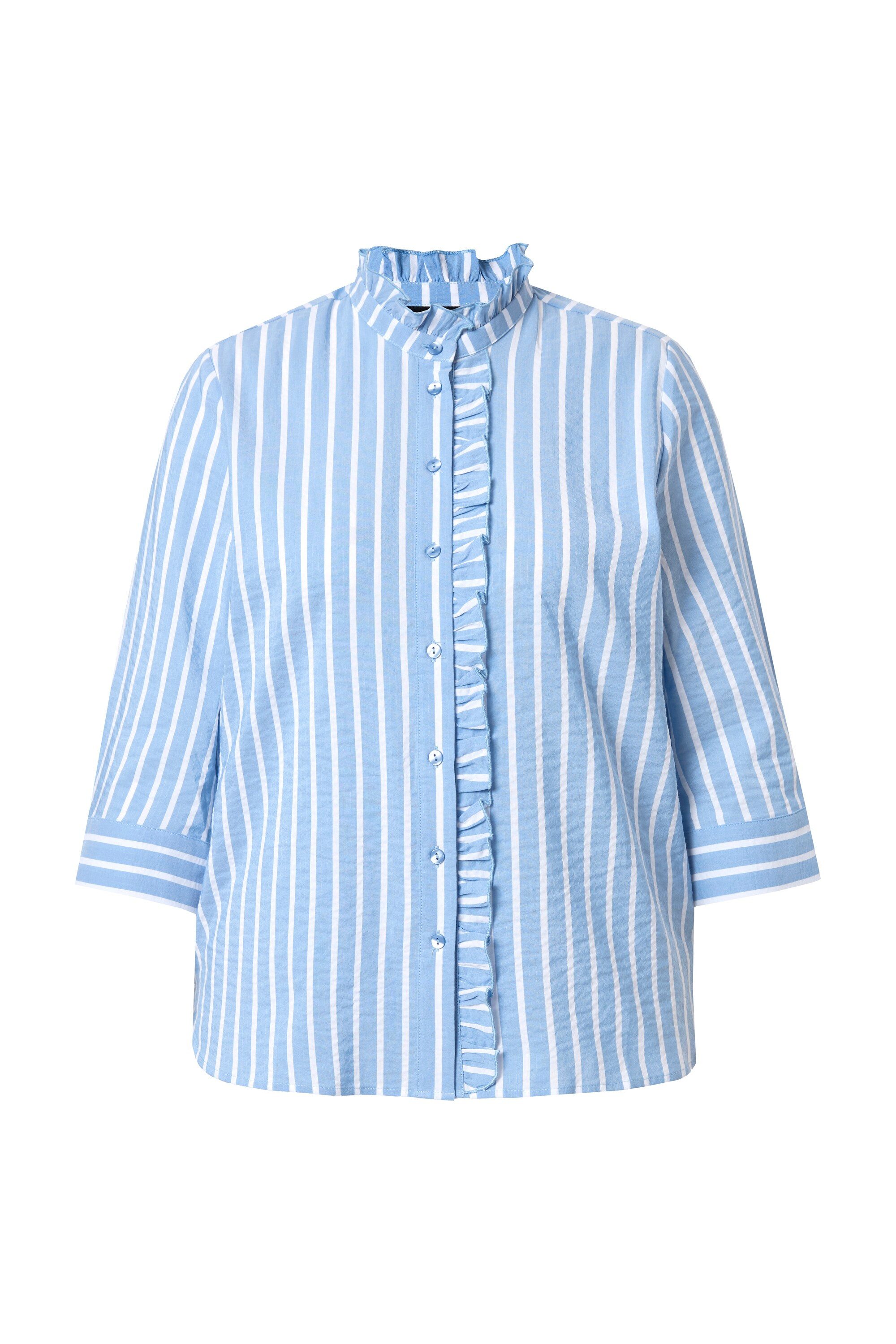 Ulla Popken Rüschenbluse Seersucker-Bluse A-Linie Stehkragen 3/4-Arm