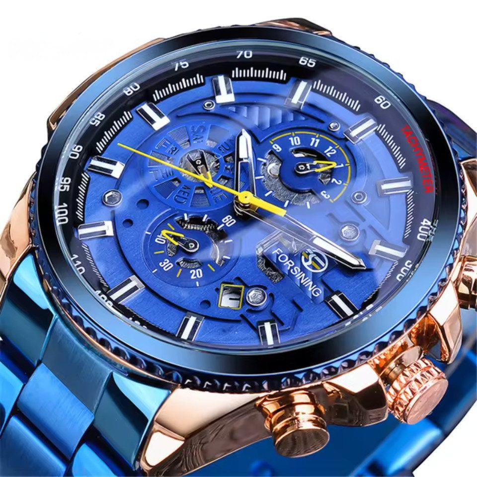 Rötting Design Automatikuhr Herrenuhr Armbanduhr Marke Forsining blaues Ziffernblatt, Edelstahl, Datum Wochentag Monats Anzeige
