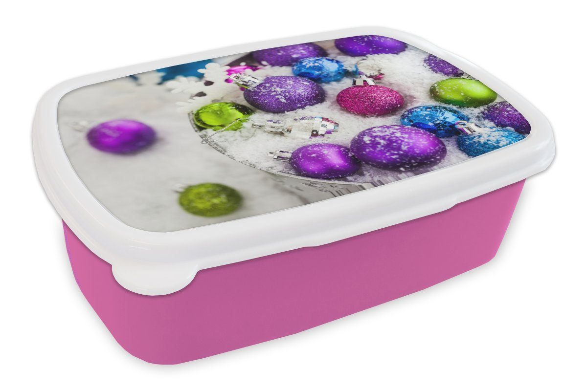 Mädchen, Lunchbox für MuchoWow (2-tlg), Erwachsene, Brotdose im Kinder, Schneekübel, Snackbox, Kunststoff, rosa Kunststoff Brotbox Weihnachtskugeln