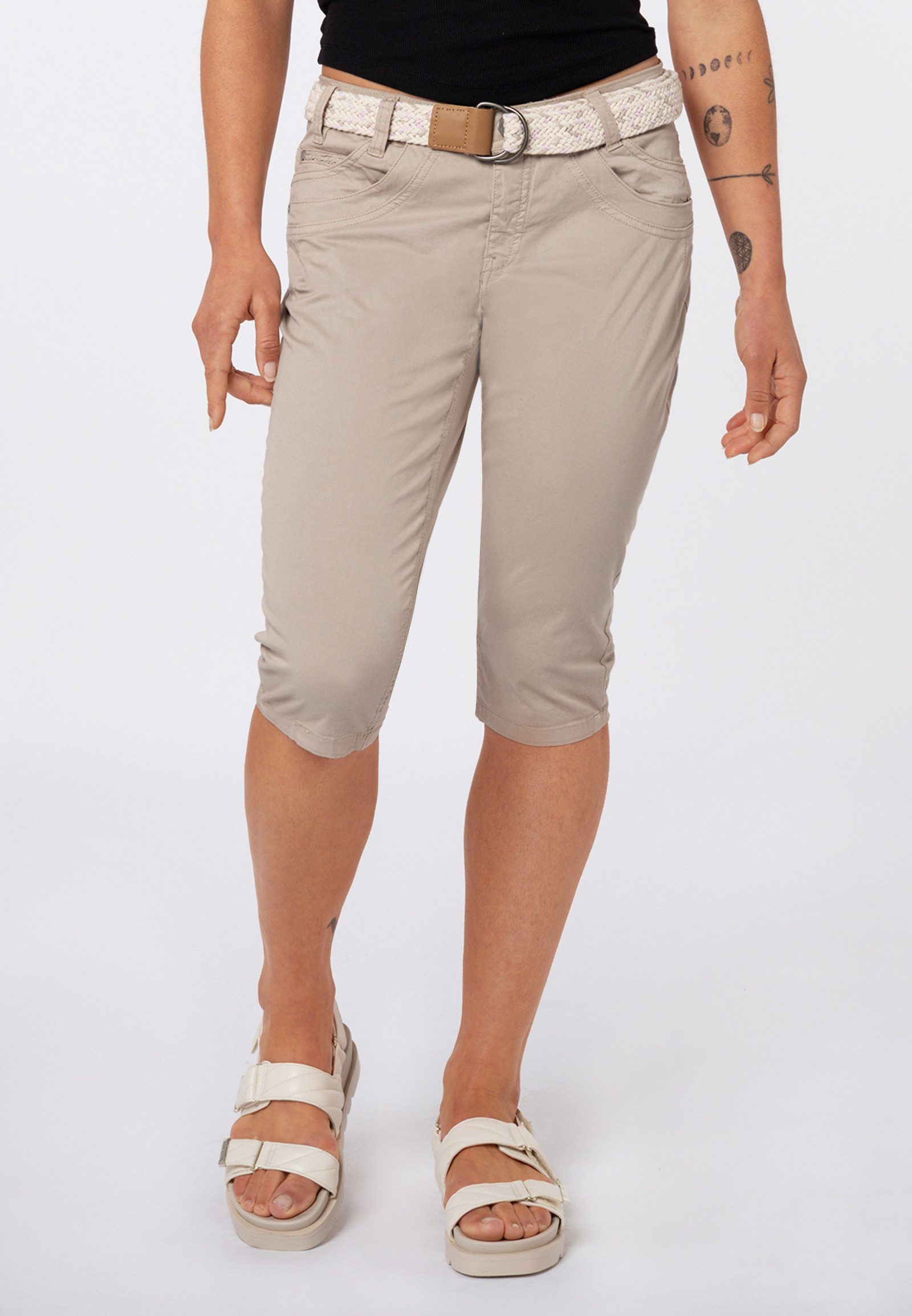 SUBLEVEL Caprihose Damen Stretch-Capri mit Gürtel Stretch-Twill-Shorts, knielang, Paper Touch