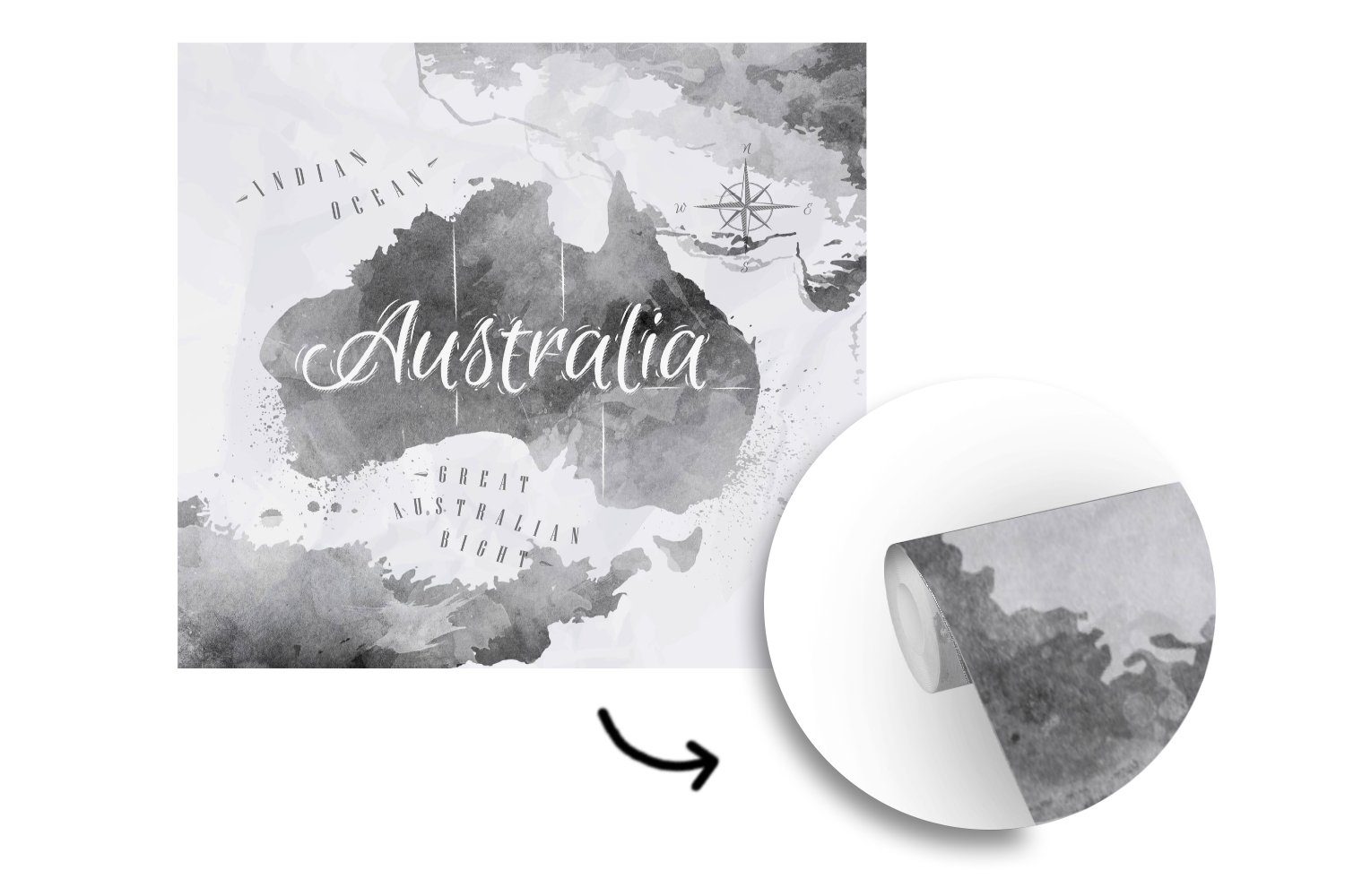 Fototapete Vliestapete - (4 Matt, Wohnzimmer für Fototapete Australien Küche, St), Weltkarte Aquarell, MuchoWow - bedruckt, Schlafzimmer