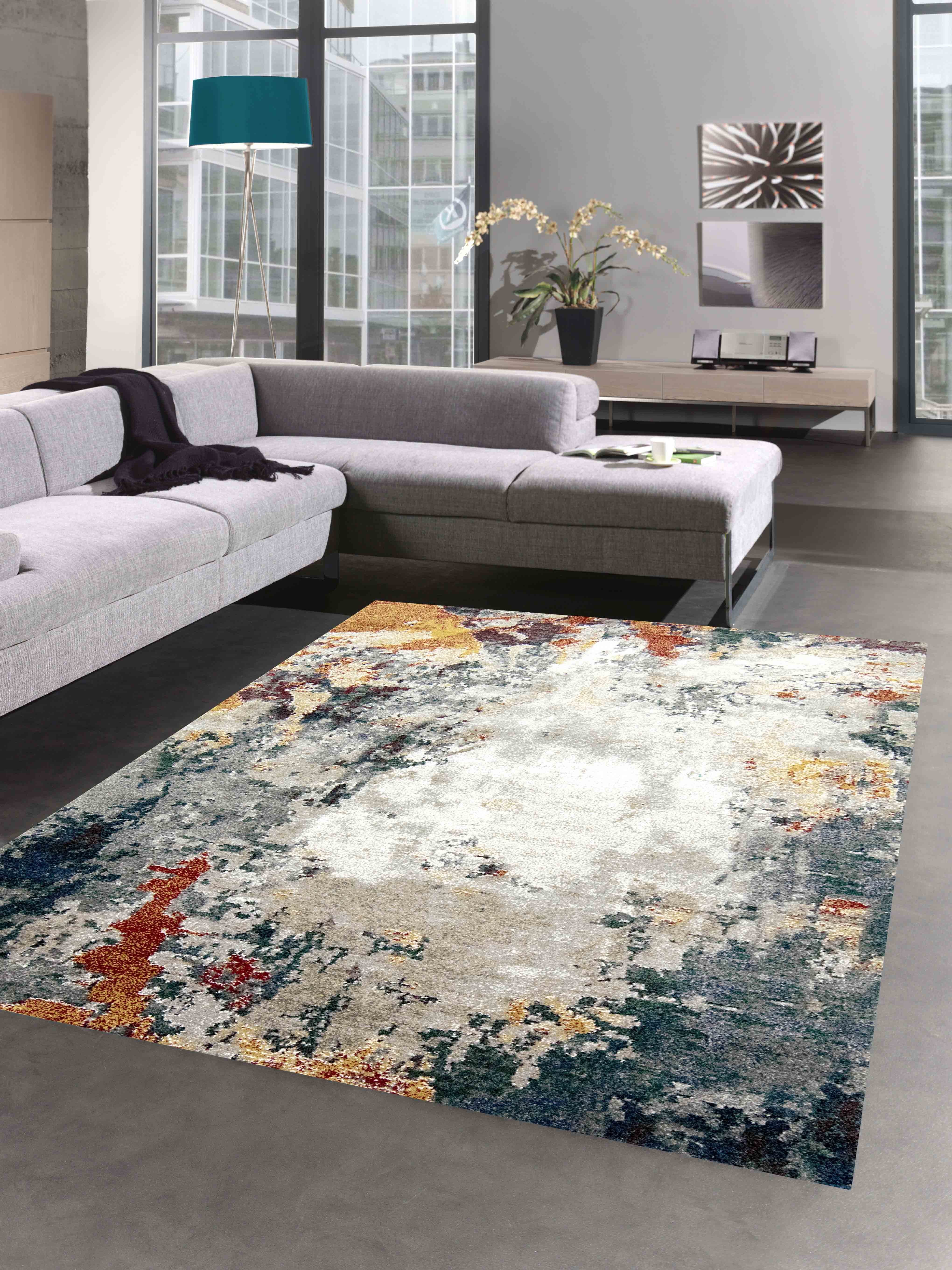 Carpetia Teppich modernes Design Wohnzimmer Flur blau grau rot - pflegeleicht, rechteckig, Höhe: 13 mm