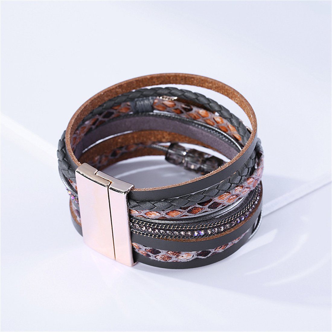 Magnetverschluss Bohème-Armband mit Lederarmband DÖRÖY gewebtem aus Schichten Grau mehreren