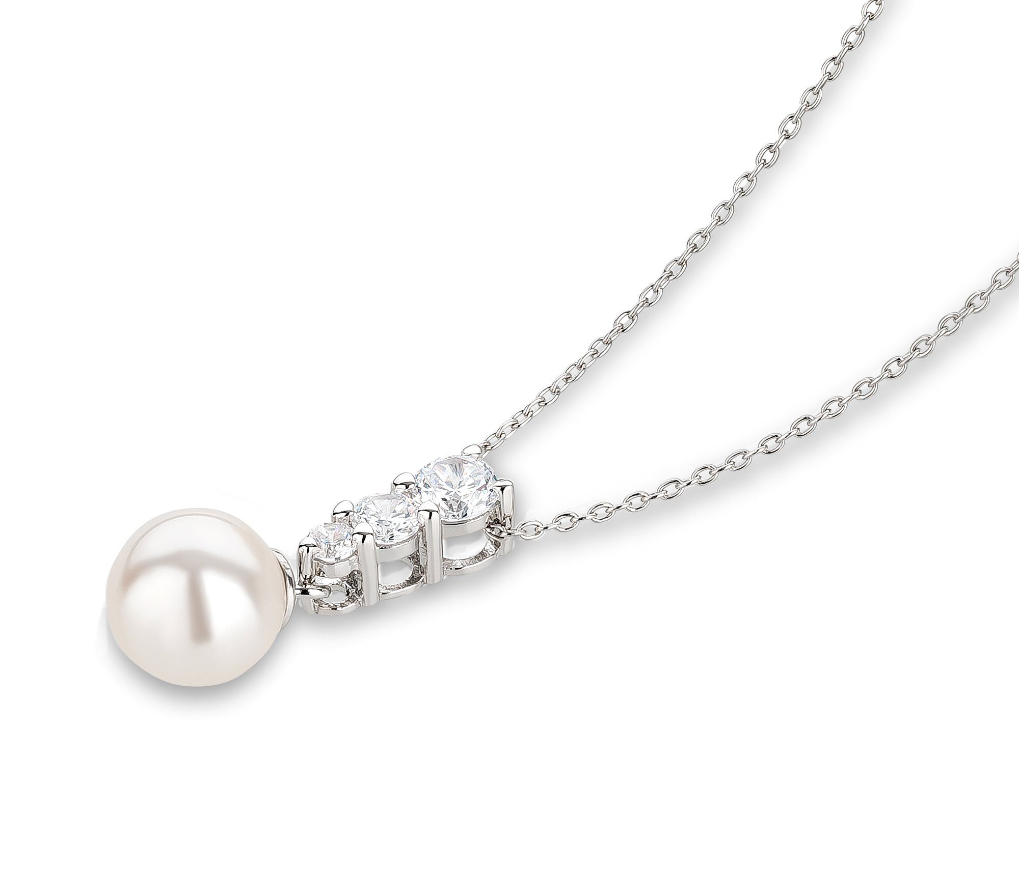 Schöner-SD Perlenkette Silberkette mit Anhänger Perle und Zirkonia Kristalle Perlenanhänger, 925 Silber Rhodium – Bild 2 von 5
