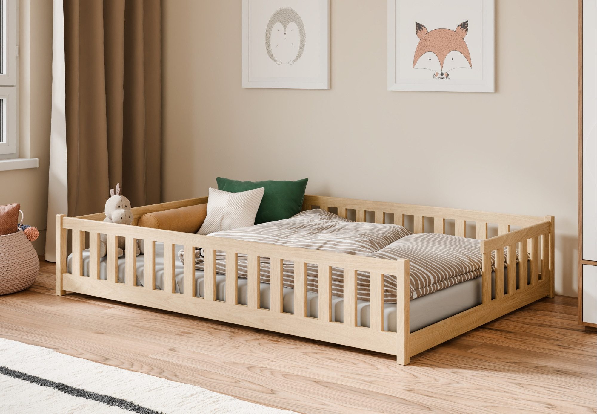 Kids Collective Kinderbett Bodenbett mit Rausfallschutz & Lattenrost Montessori Betten Kinder (Verfügbare Größen: 80 x 160, 80 x 180, 90 x 190, 90 x 200, 120 x 200, 140 x 200 cm), Jugendbett Einzelbett Kiefer Natur 140x200 cm