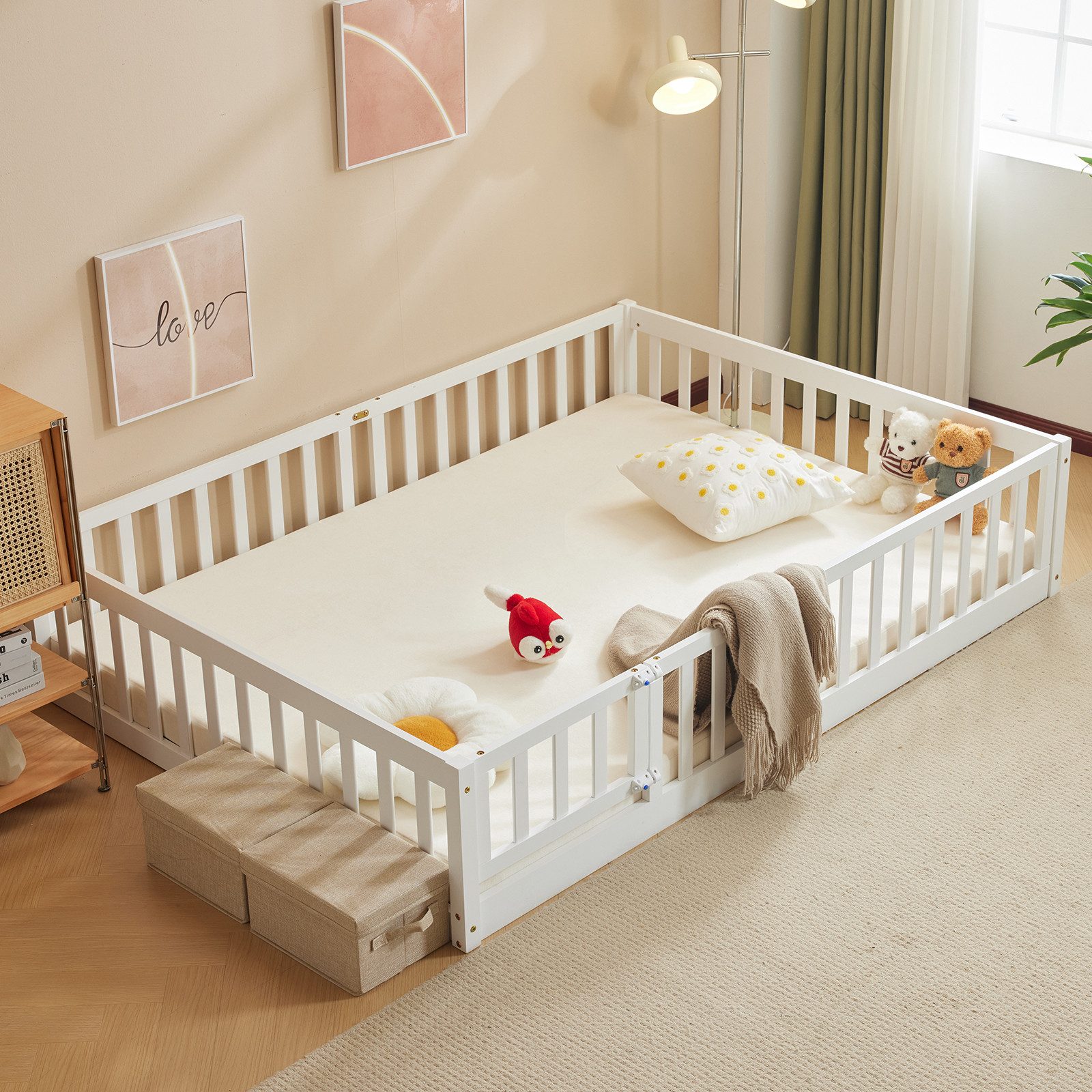 Karlhome Kinderbett mit Rausfallschutz und Tür, Bodenbett, Holzbett, Zaunbett (Ohne Matratze), Spielbett für Kinder, 90 x 200 cm