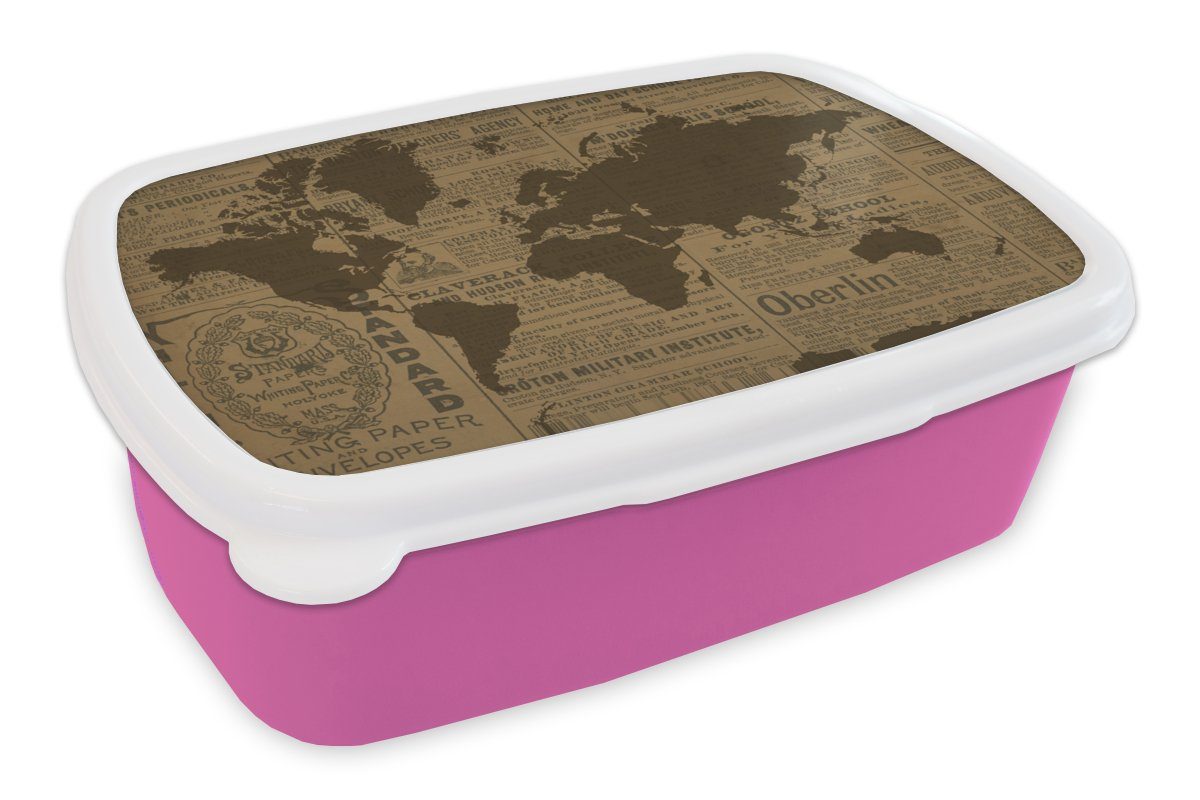 MuchoWow Lunchbox Weltkarte - Braun - Zeitungspapier, Kunststoff, (2-tlg), Brotbox für Erwachsene, Brotdose Kinder, Snackbox, Mädchen, Kunststoff rosa