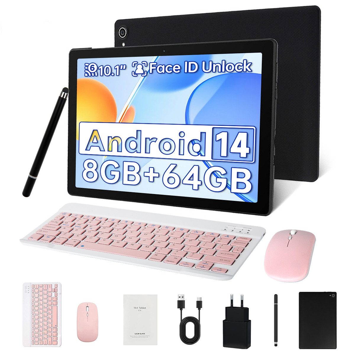 Happybe 10,1 Zoll 64GB, Android 14, HD 1280x800, mit Tastatur, Maus und Stylus Tablet (10", 64 GB, Android, WiFi6, Android 14, 8GB RAM, Widevine L1, Komplettset mit Tastatur/Stift/Maus)