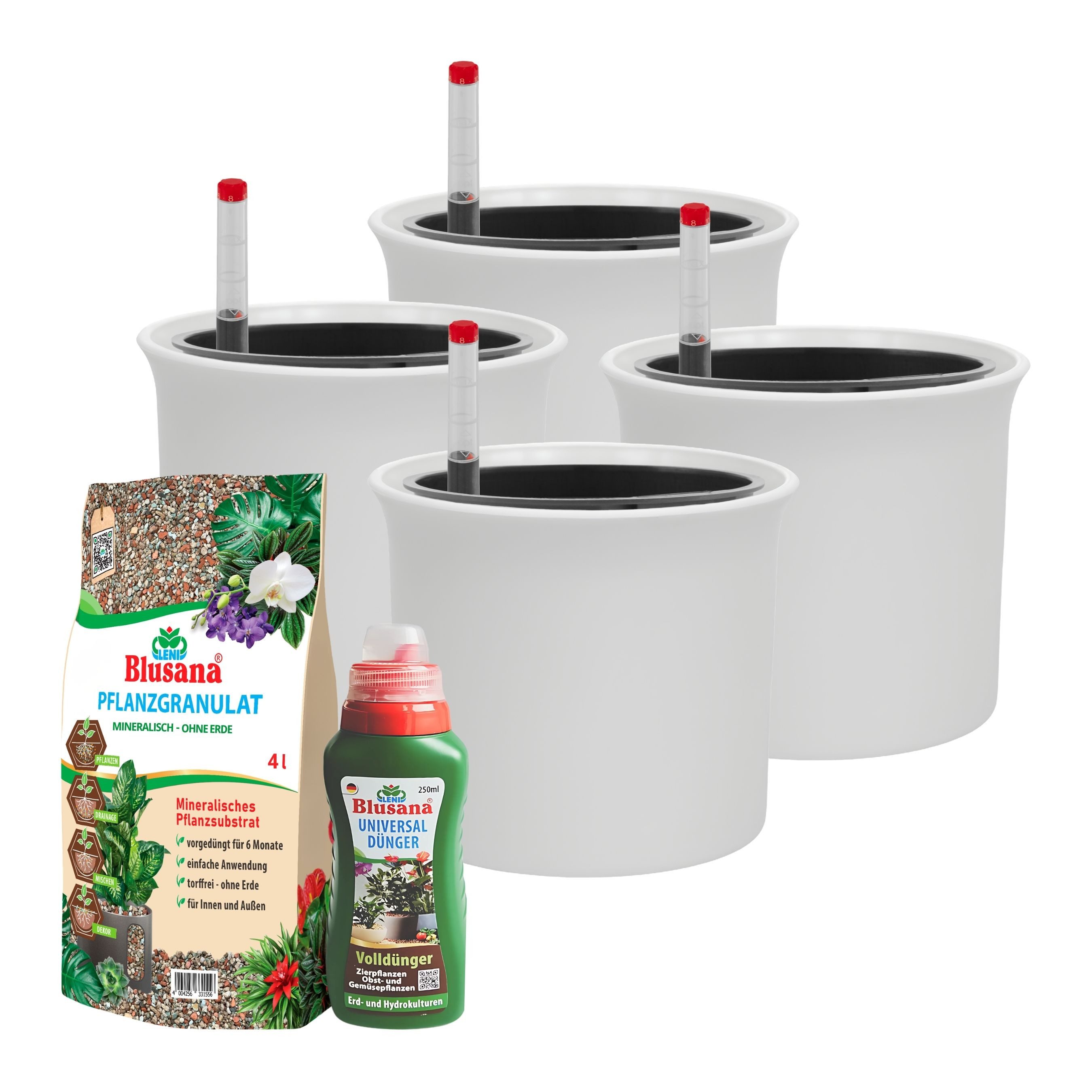 LENI Blumentopf Atlas Blumentopf Kunststoff matt 11/09 Hydro-Komplettset 4er-Pack Weiß (Hydrokultur-Set, Übertopf, Kulturtopf, Gießanzeige, Substrat vorgedüngt, Flüssigdünger), wasserdichtes Pflanzgefäß für Indoor & Outdoor