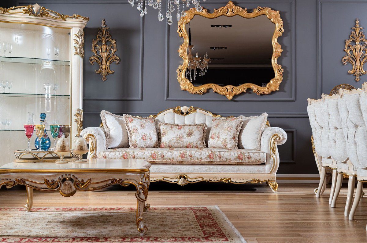 Casa Padrino / mit Barock Beige - Möbel Prunkvolles Sofa Luxus - / Barock Blumenmuster Sofa Wohnzimmer Weiß Sofa Gold Wohnzimmer