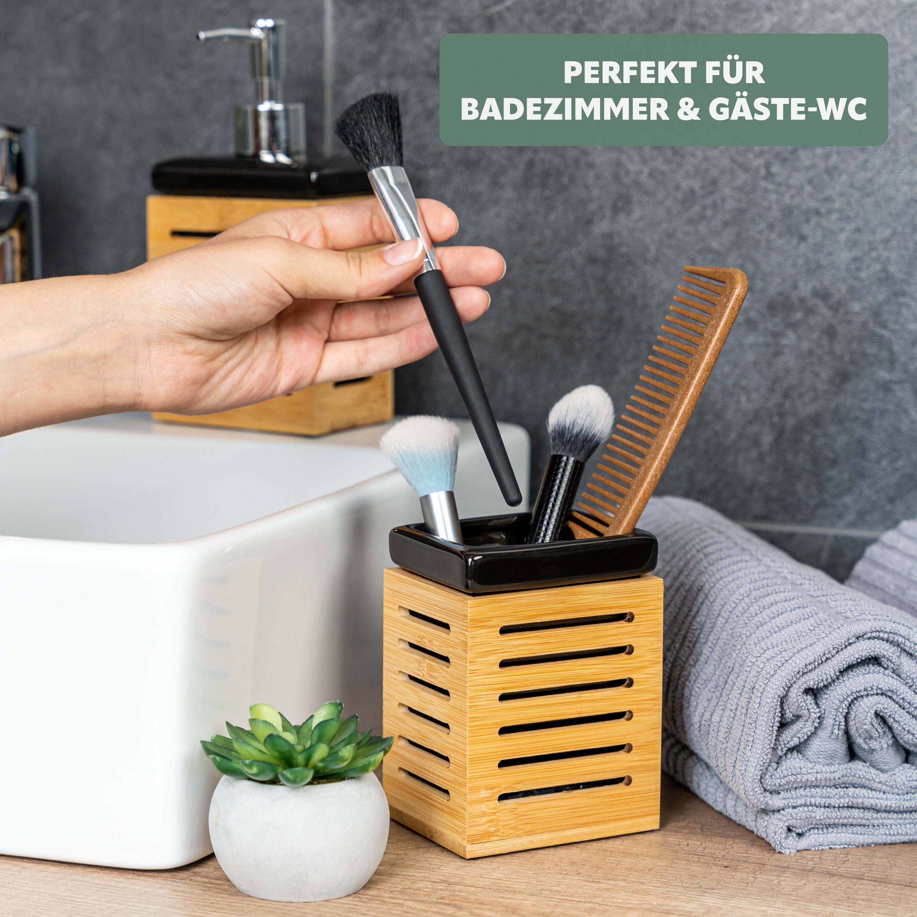 bremermann Badaccessoire-Set Badezimmer-Set 4-tlg., Bambus, Keramik, schwarz, Badezimmer-Zubehör