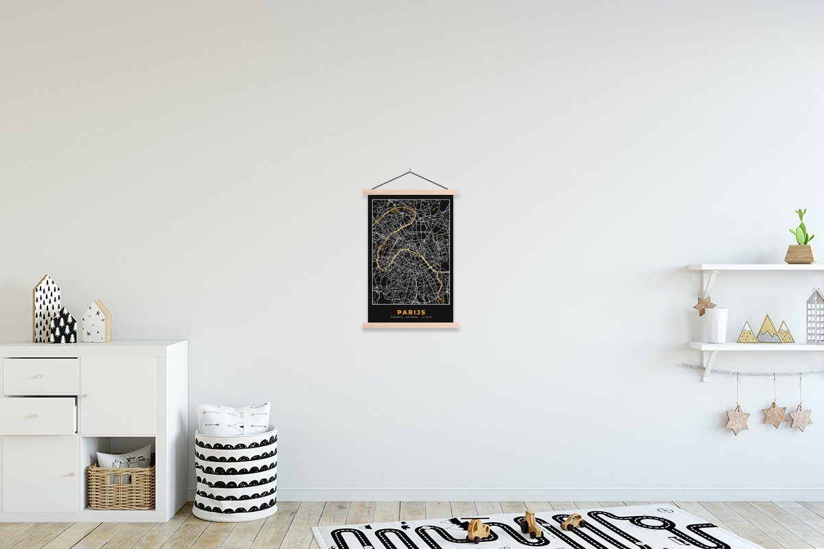 MuchoWow Poster Paris - Stadtplan - Gold - Karte, (1 St), Posterleiste, Textilposter für Wohnzimmer, Bilderleiste, Magnetisch