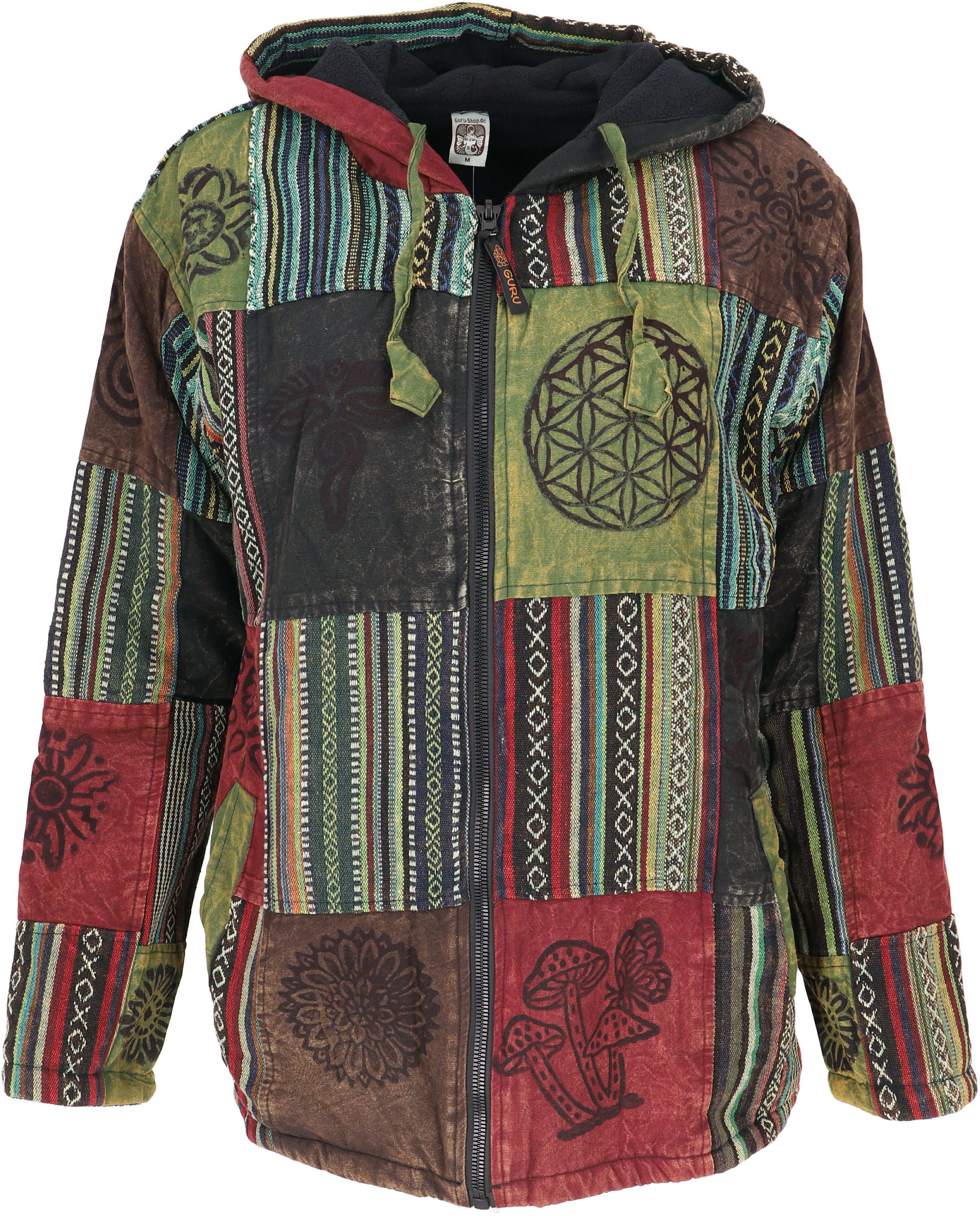 Guru-Shop Strickjacke Goa Jacke, Patchwork Sweatshirt Jacke - grün/bunt Hippie, Ethno Style, alternative Bekleidung